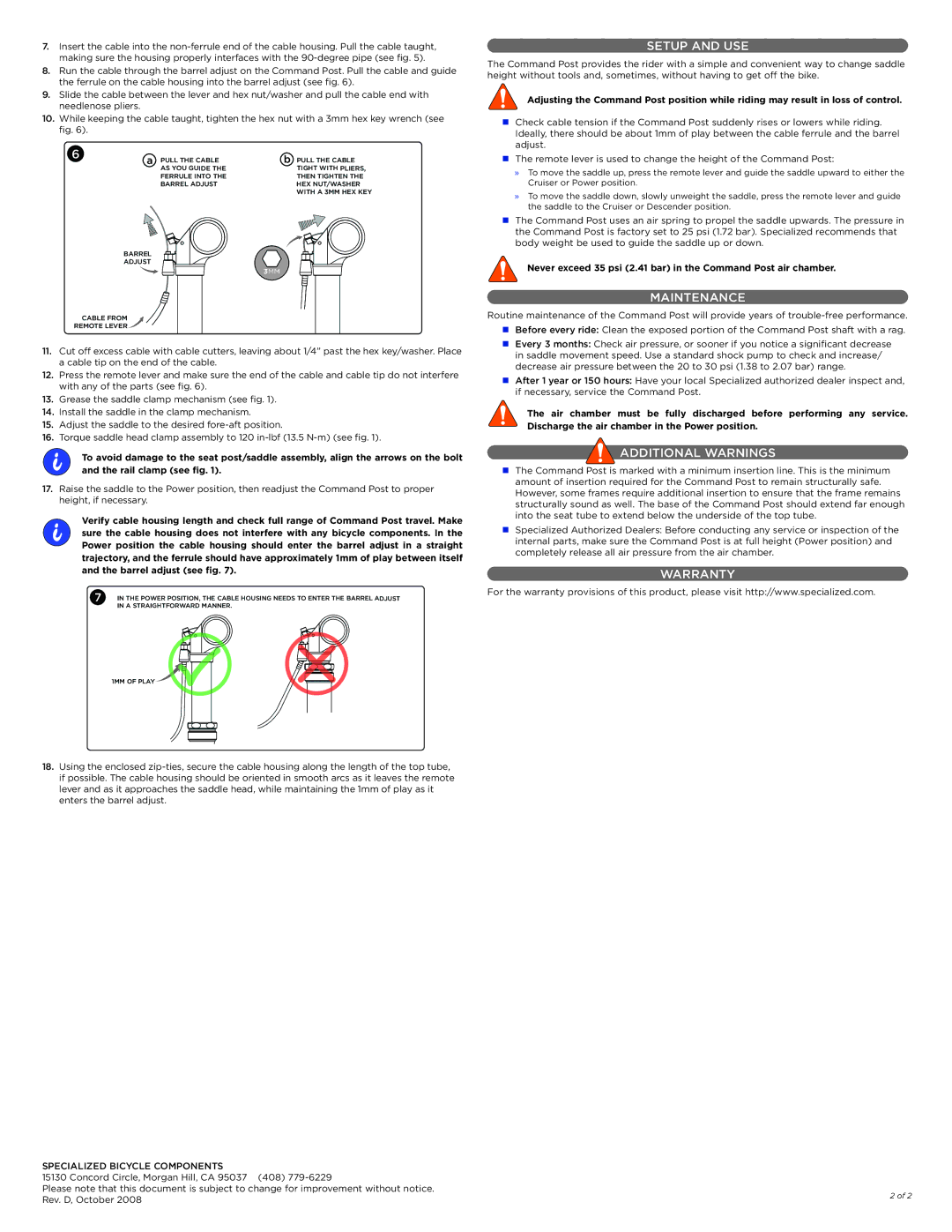 Specialized Command Post Adjustable Height Seat Post manual Setup and USE, Maintenance, Additional Warnings, Warranty 