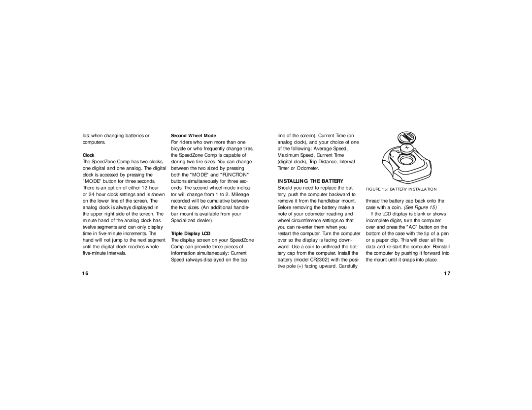 Specialized CR2302 manual Lost when changing batteries or computers Clock, Second Wheel Mode 