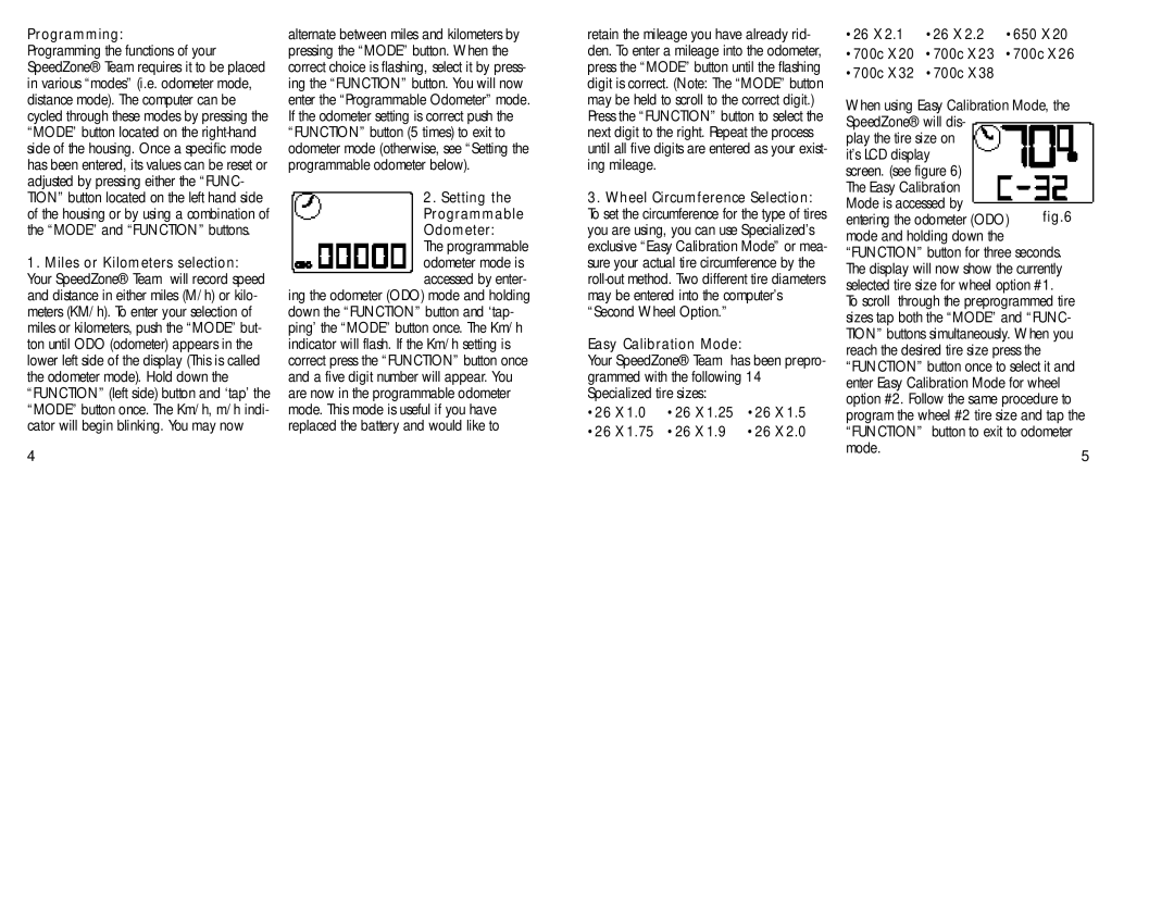 Specialized Cyclocomputer manual Programming, Setting Programmable Odometer, Easy Calibration Mode, Mode.5 