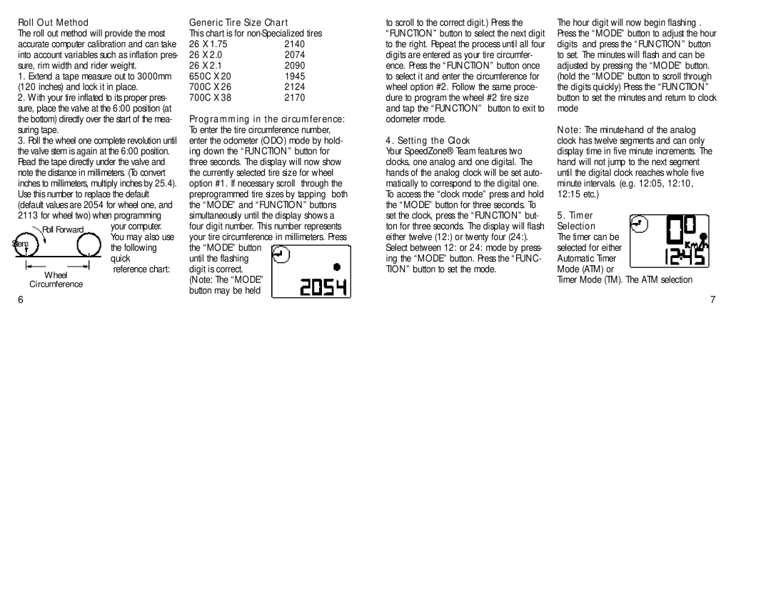 Specialized Cyclocomputer Roll Out Method, Generic Tire Size Chart, Setting the Clock, Timer Mode TM. The ATM selection 