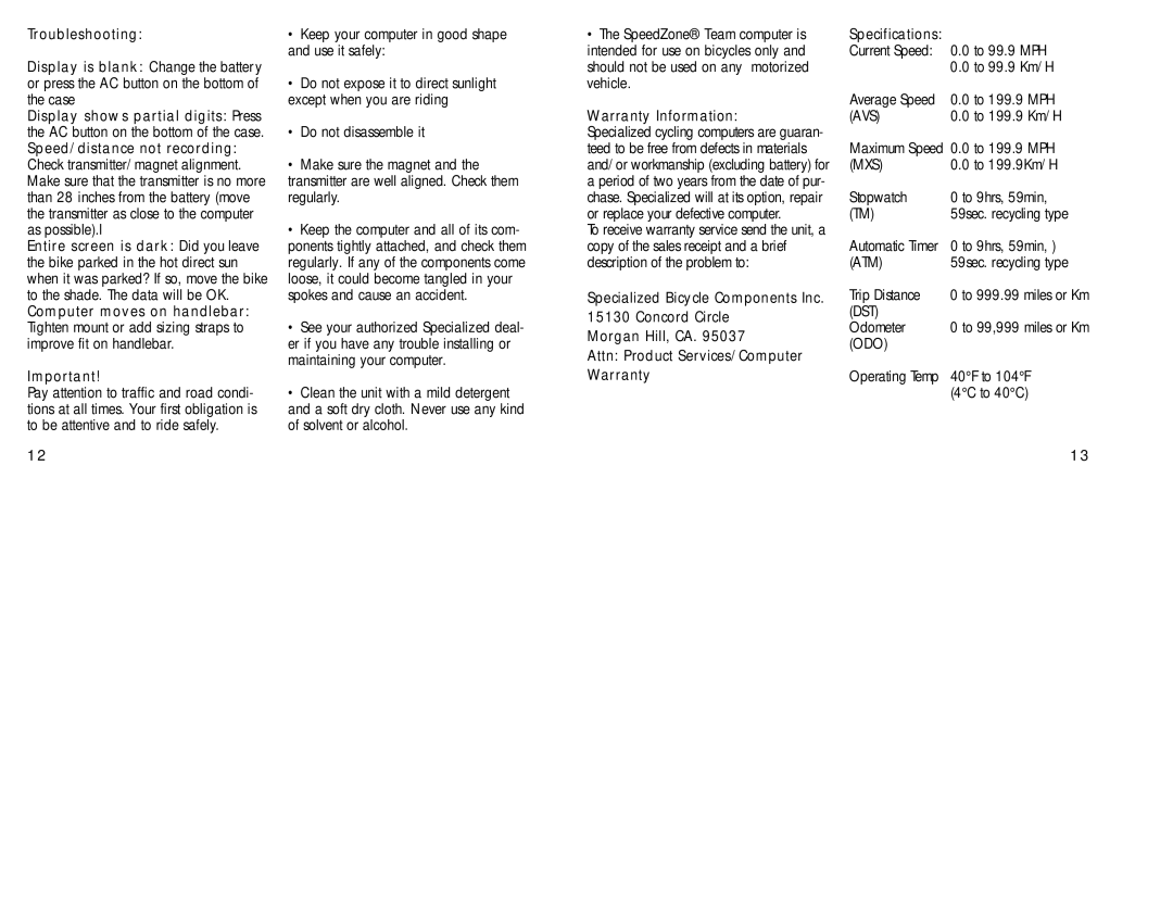 Specialized Cyclocomputer manual Warranty Information 