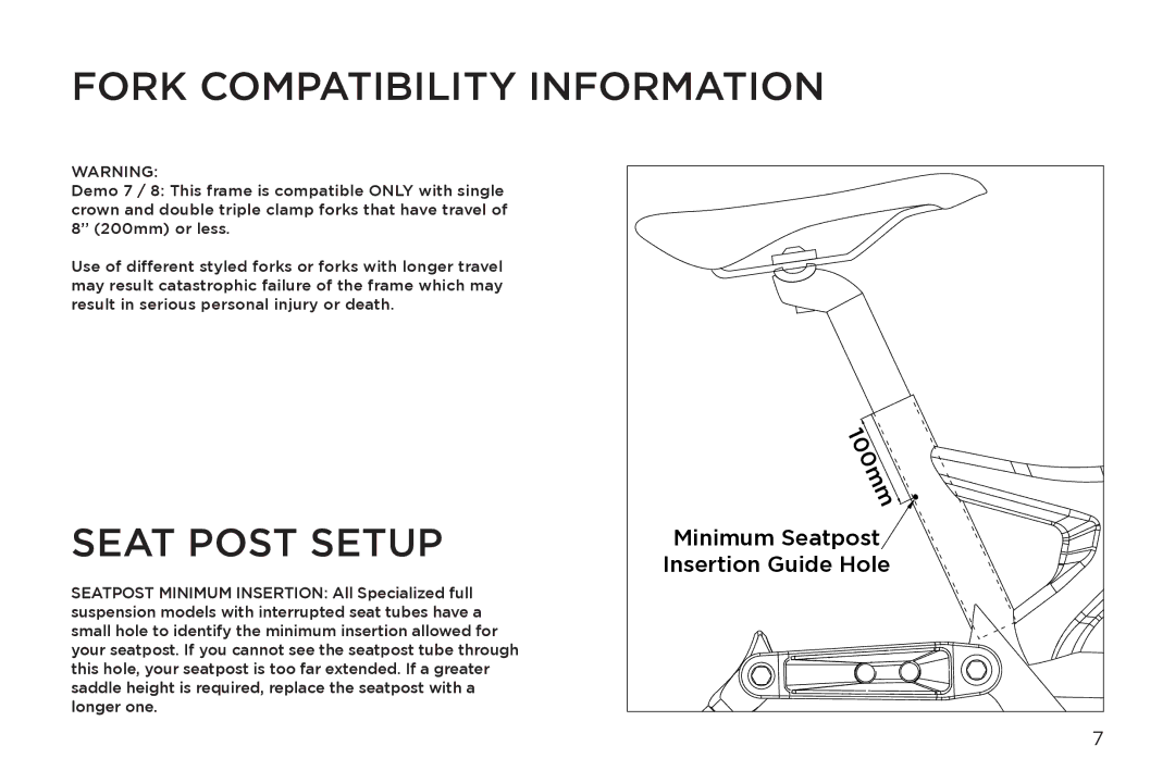 Specialized Enduro 6, Demo 8 manual Fork Compatibility Information, Seat Post Setup 