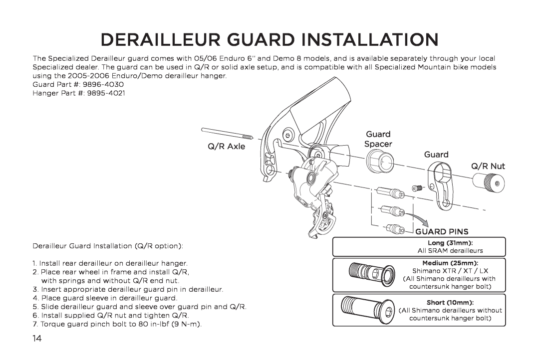 Specialized Demo 8, Enduro 6 manual Derailleur Guard Installation, Guard Pins 
