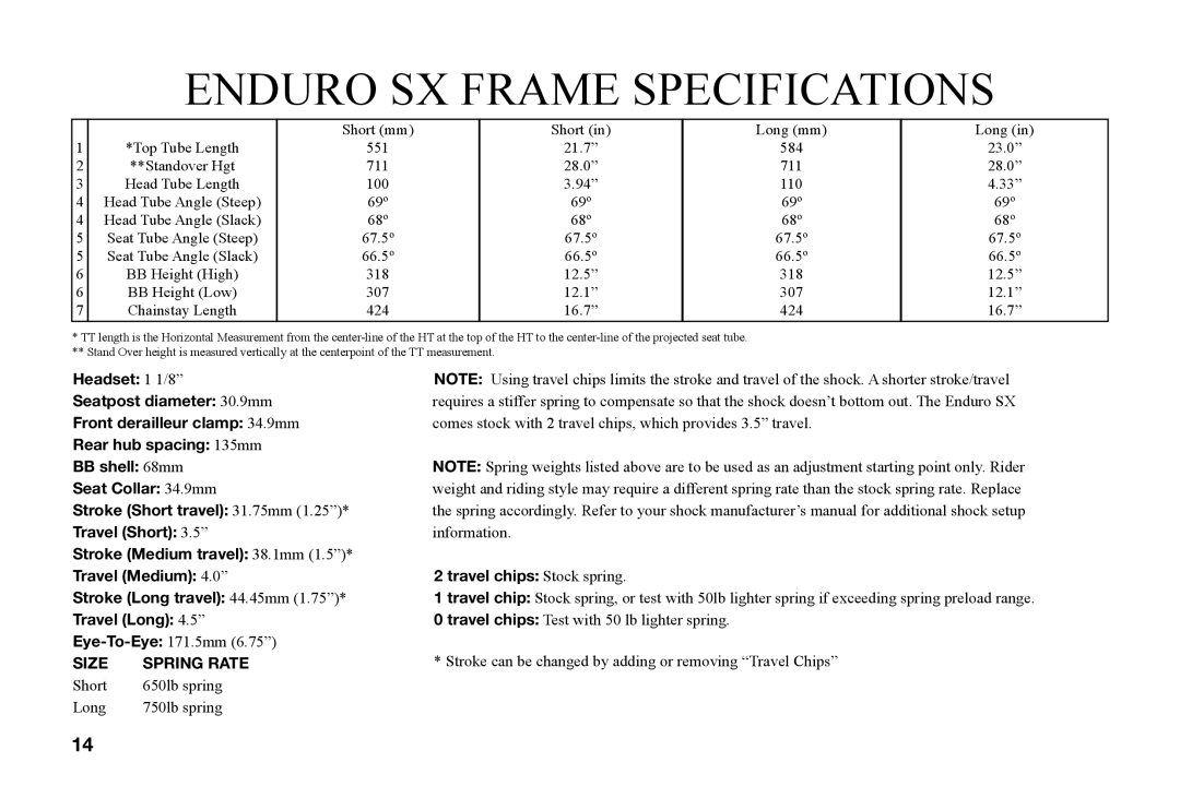 Specialized manual Enduro SX Frame Specifications, Headset 1 1/8 Seatpost diameter 30.9mm 