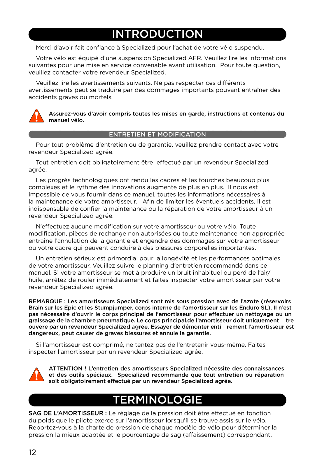 Specialized EPIC, EPA, ENDURO SL manual Terminologie, Entretien ET Modification 