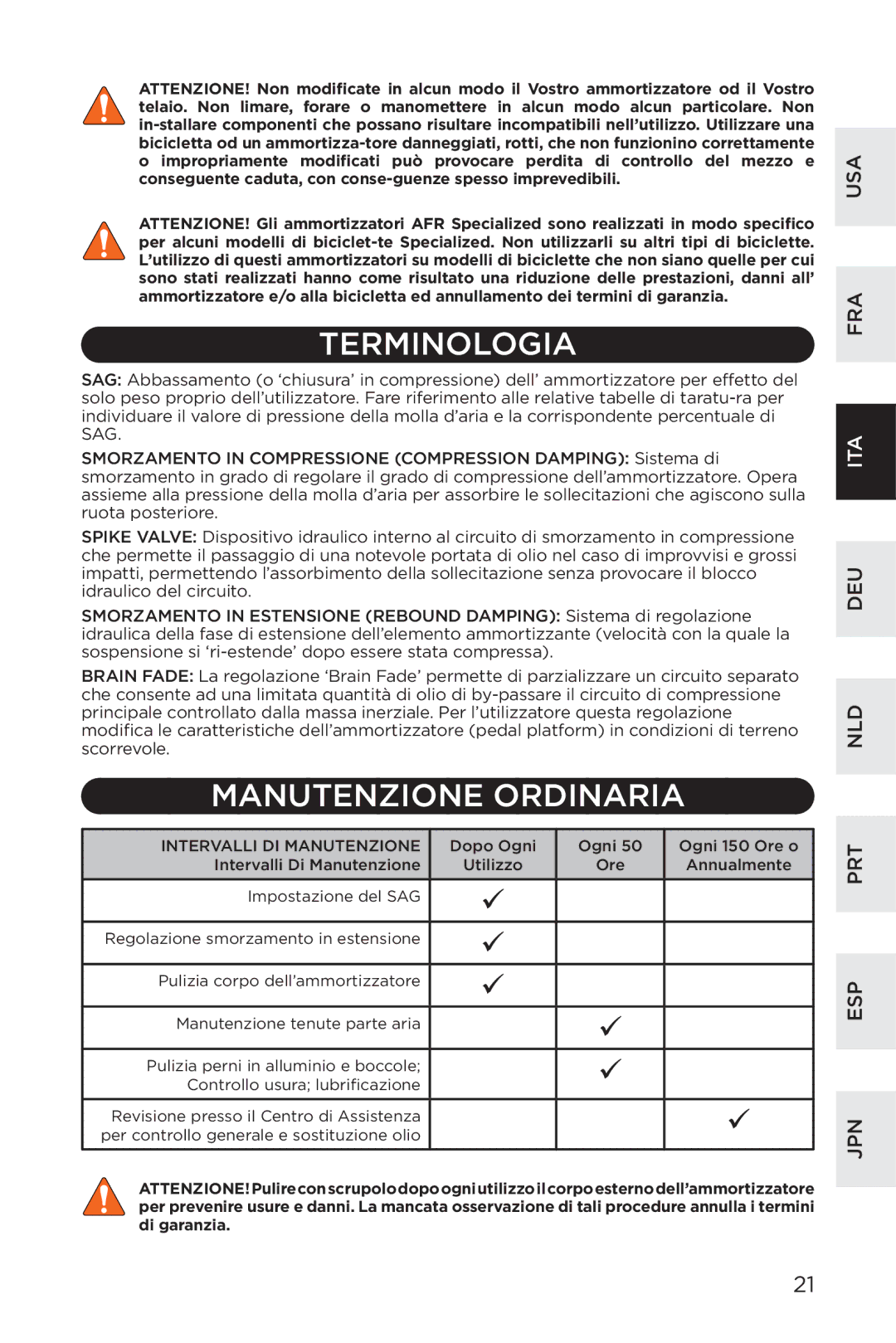 Specialized EPIC, EPA, ENDURO SL manual Terminologia, Manutenzione Ordinaria 