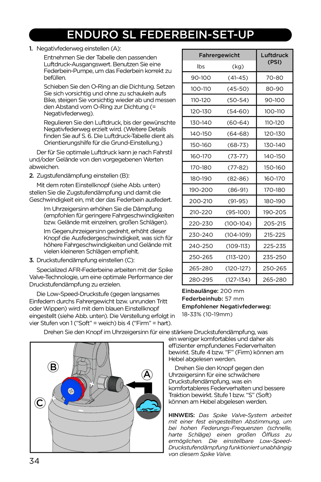 Specialized EPA, EPIC, ENDURO SL manual Enduro SL FEDERBEIN-SET-UP, Druckstufendämpfung einstellen C 