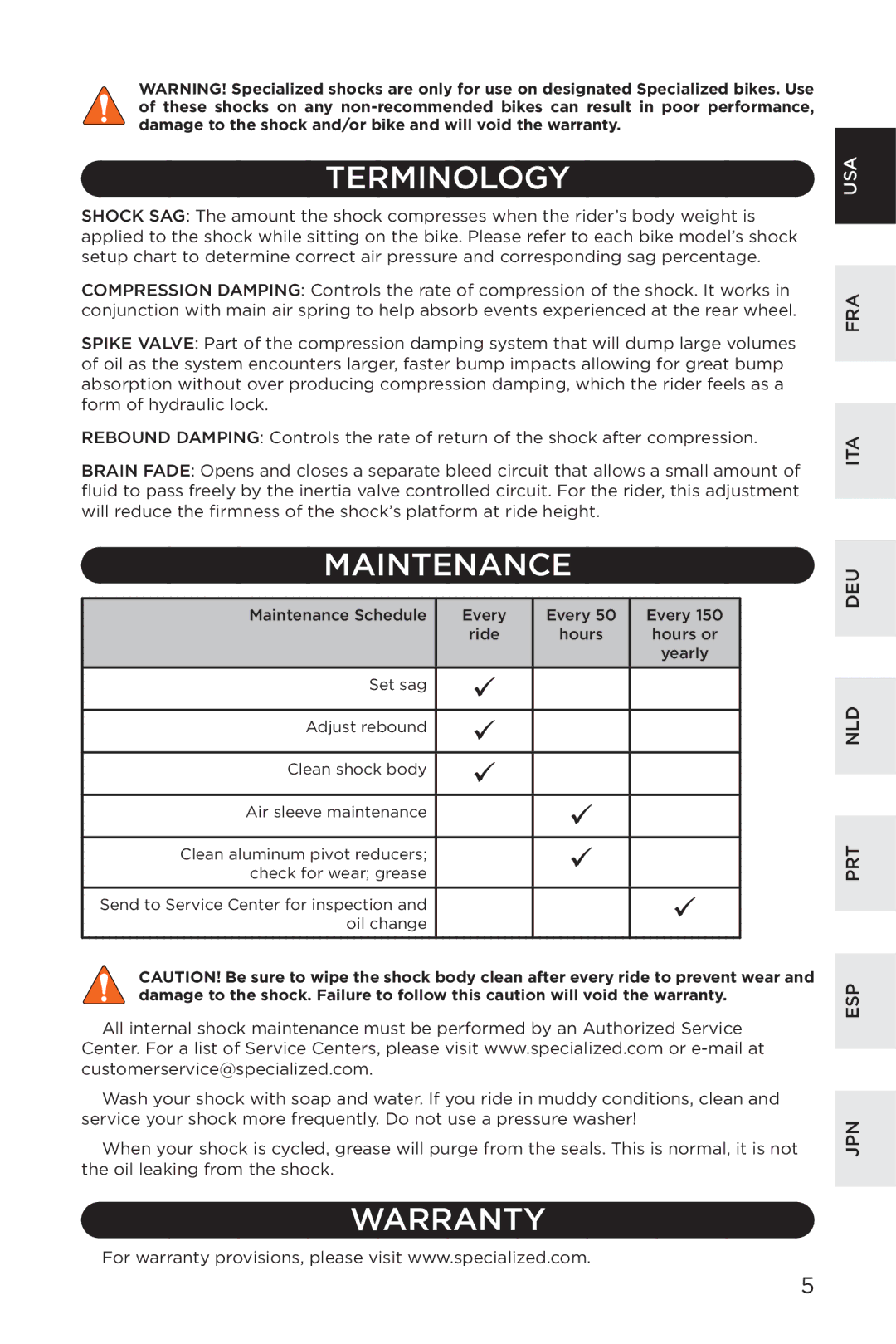 Specialized ENDURO SL, EPIC, EPA manual Terminology, Maintenance, Warranty 