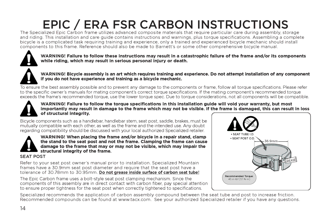 Specialized Era manual Epic / ERA FSR Carbon Instructions, Seat Post 