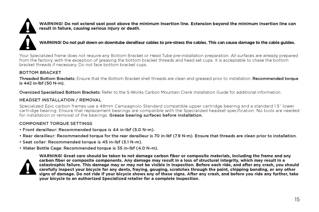 Specialized Era manual Bottom Bracket, Headset Installation / Removal, Component Torque Settings 