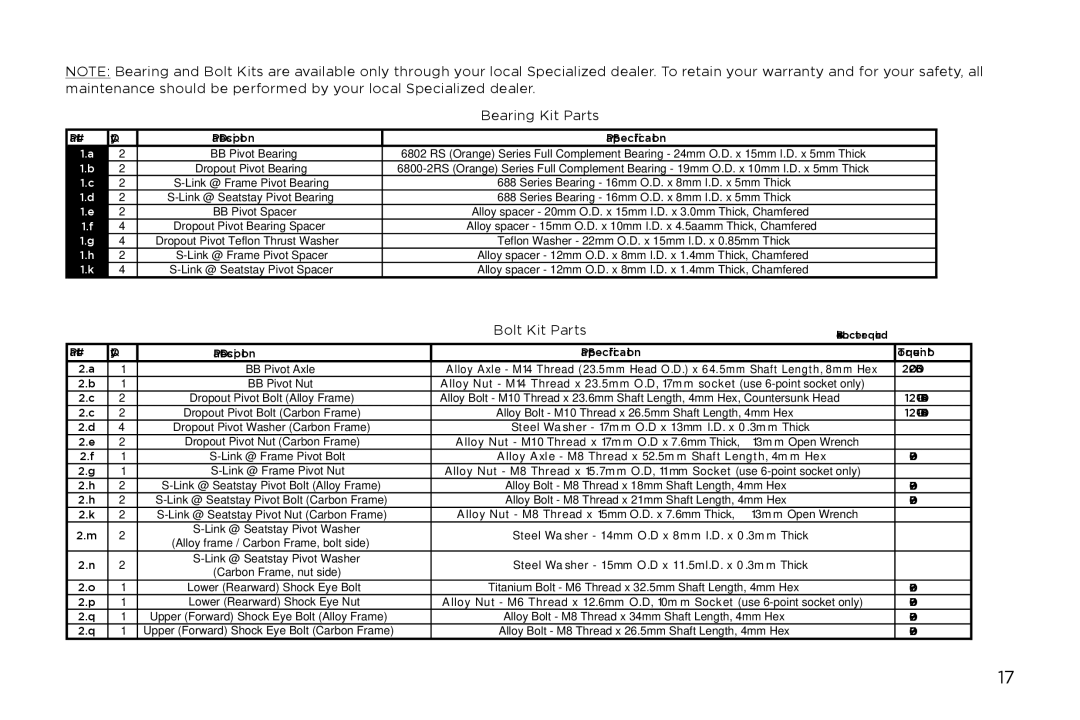 Specialized Era manual Bearing Kit Parts 