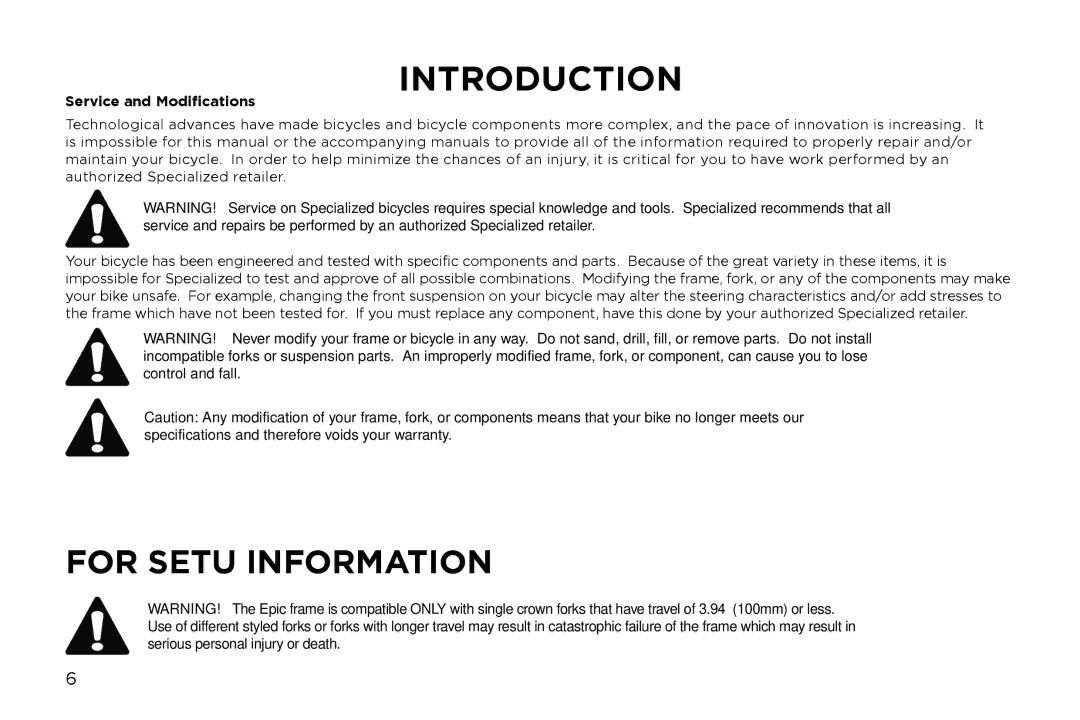 Specialized Era manual Fork Setup Information 