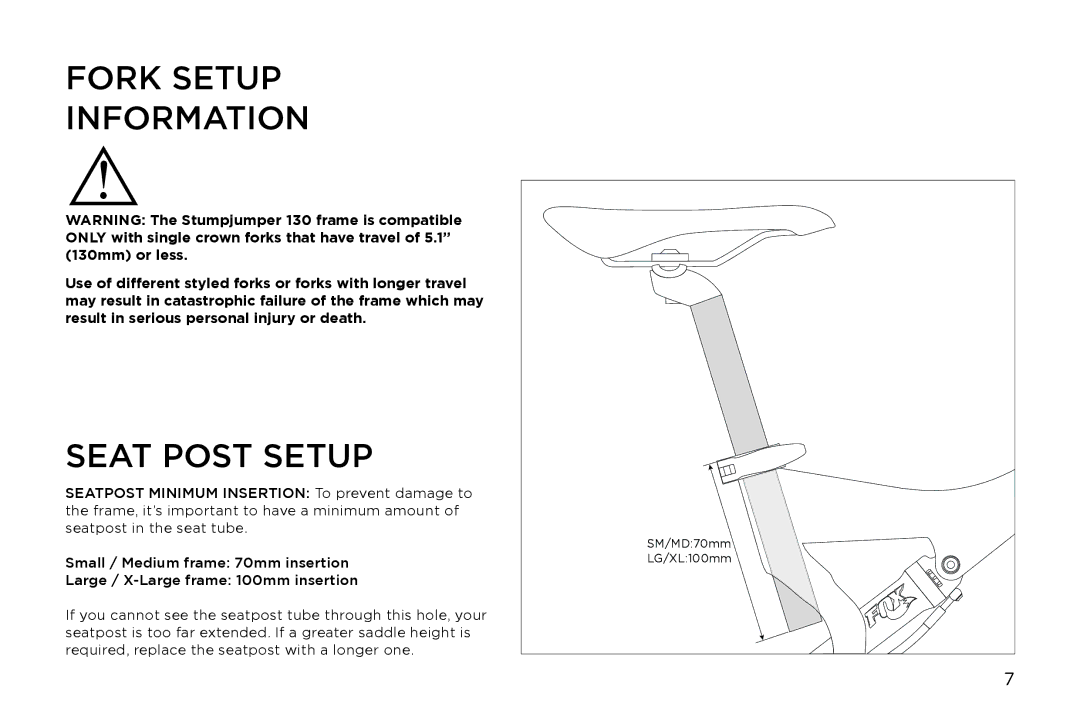 Specialized FSR 130 manual Fork Setup Information 