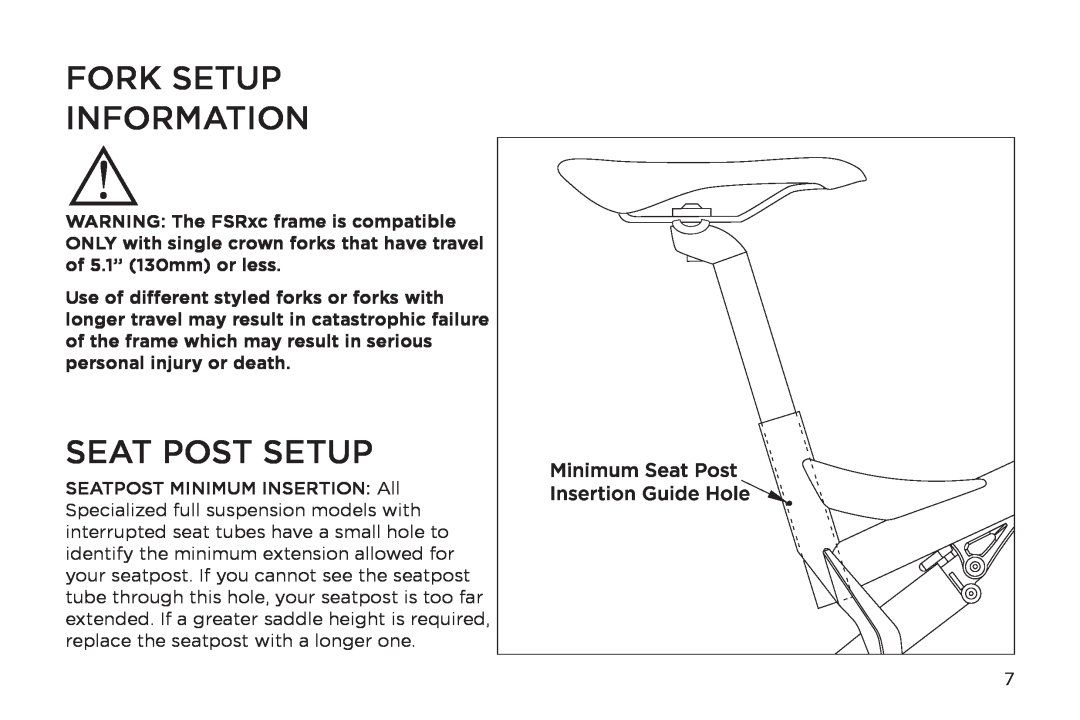 Specialized FSRXC manual Fork Setup Information, Seat Post Setup 