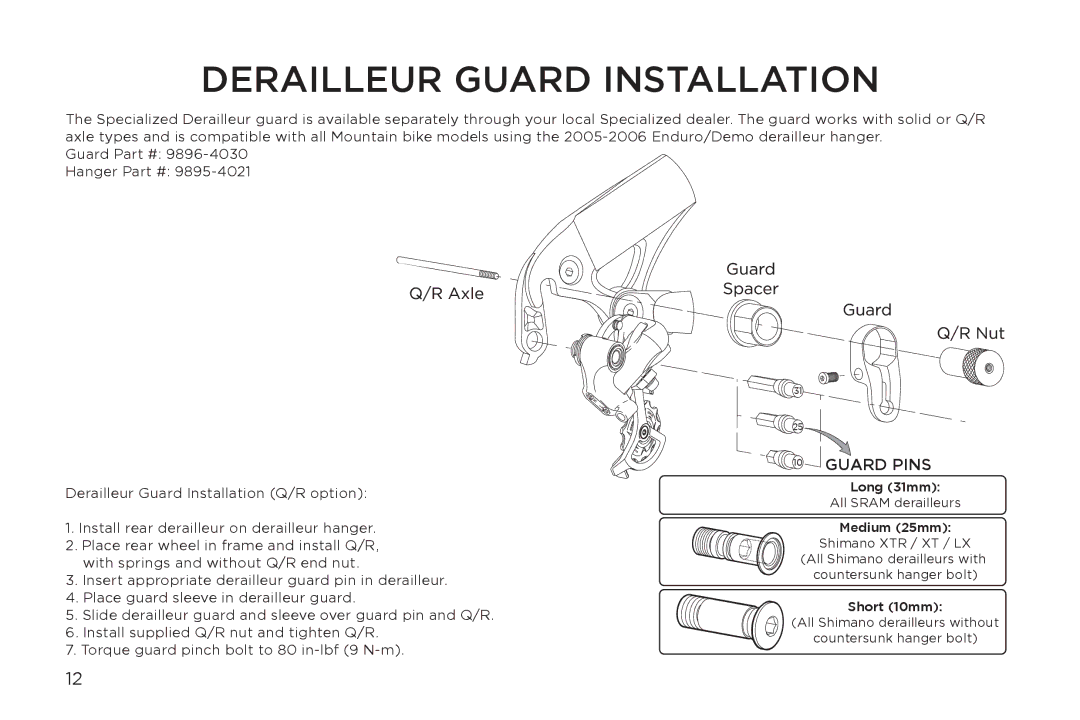 Specialized Home Gym manual Derailleur Guard Installation, Guard Pins 