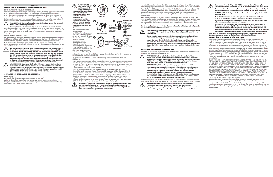 Specialized HPRT-0027 manual Beschränkte Garantie FÜR EIN Jahr, Deutsch Specialized Schutzhelm Gebrauchsanleitung 