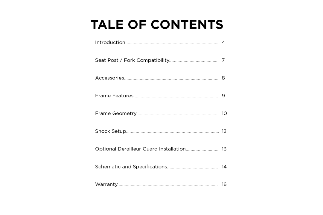 Specialized Myka manual Table of Contents 