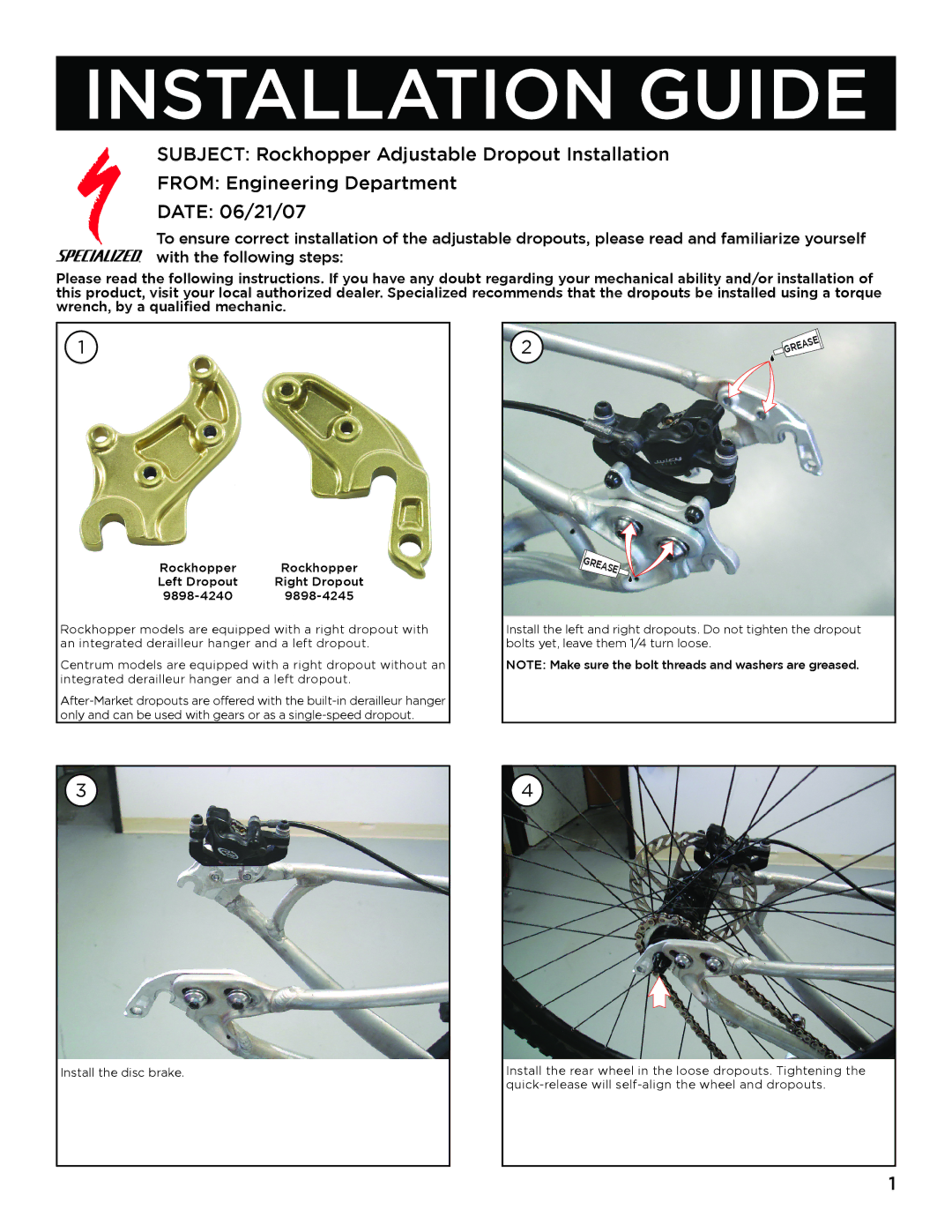 Specialized RH Dropout manual Installation Guide, Grease 