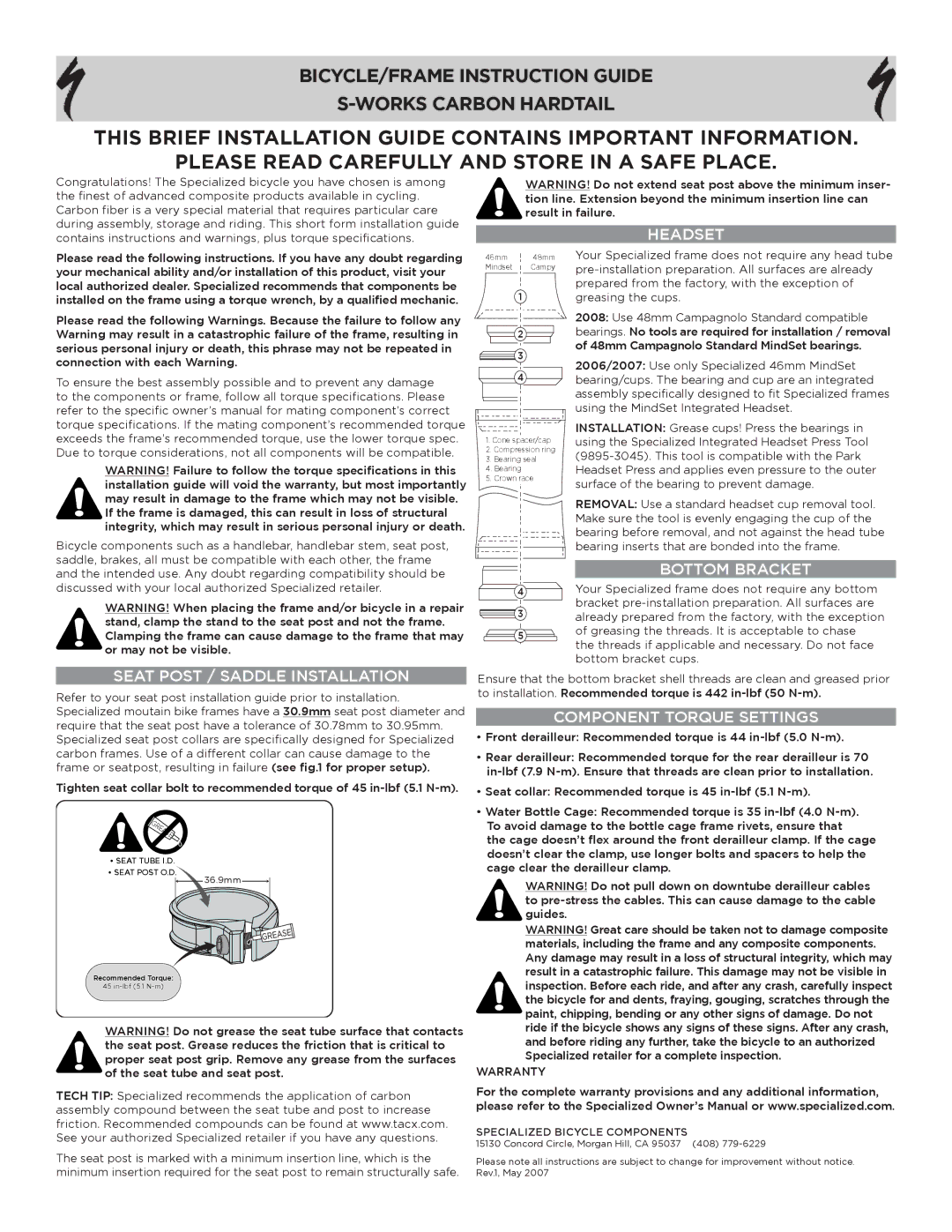 Specialized S-WORKS CARBON HARDTAIL manual Headset, Bottom Bracket, Seat Post / Saddle Installation, Warranty 