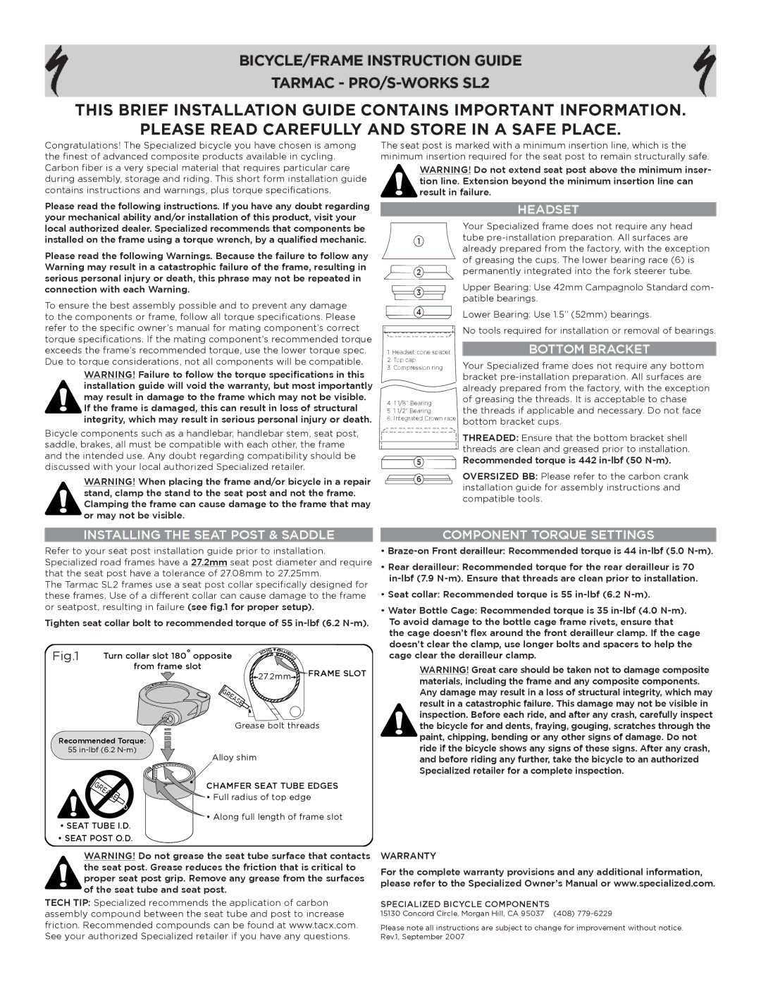 Specialized TARMAC - PRO manual Headset, Bottom Bracket, Installing the Seat Post & Saddle, Component Torque Settings 