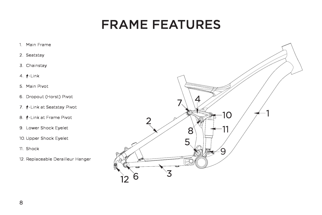 Specialized Safire manual Frame Features, Main Frame 2. Seatstay 3. Chainstay 4. -Link 5. Main Pivot 