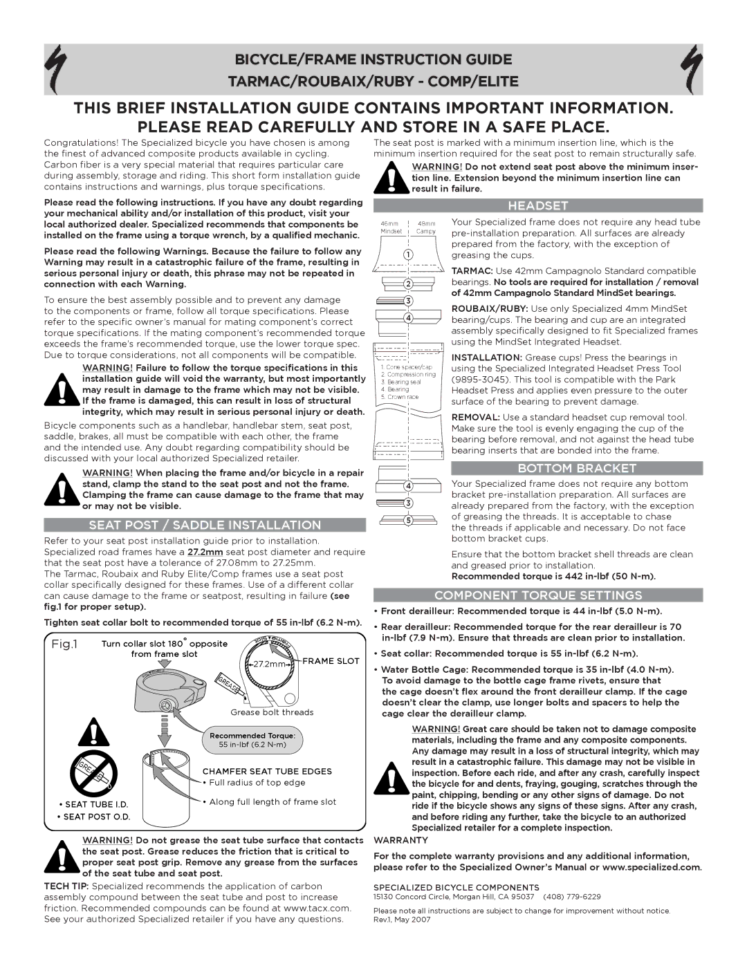 Specialized Ruby manual Seat Post / Saddle Installation, Headset, Bottom Bracket, Component Torque Settings, Grease 