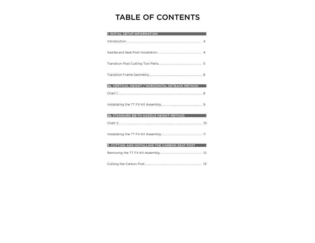 Specialized Transition Bicycles manual Table of Contents 