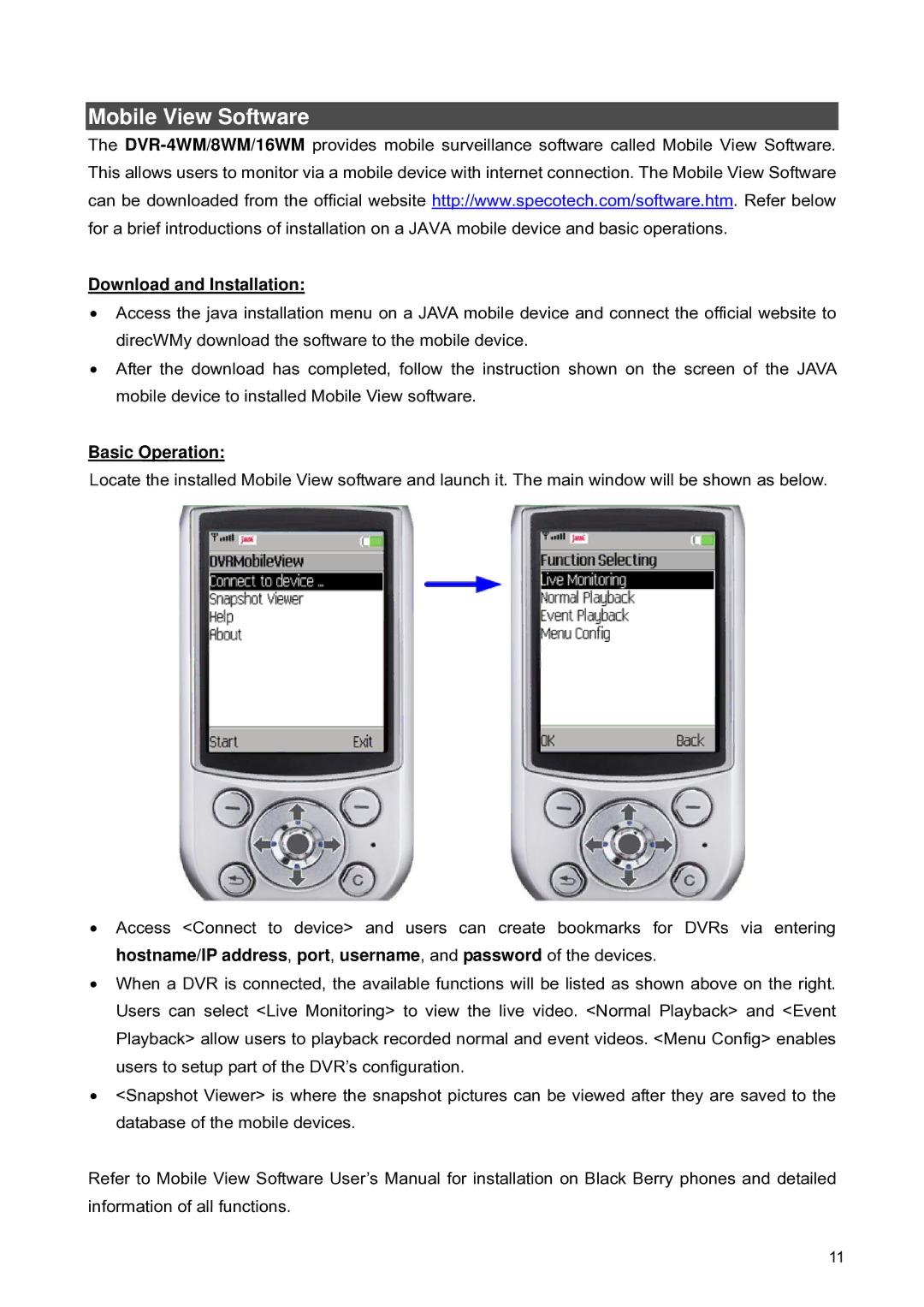 Speco Technologies 8WM, 16WM, 4WM setup guide Mobile View Software, Download and Installation, Basic Operation 