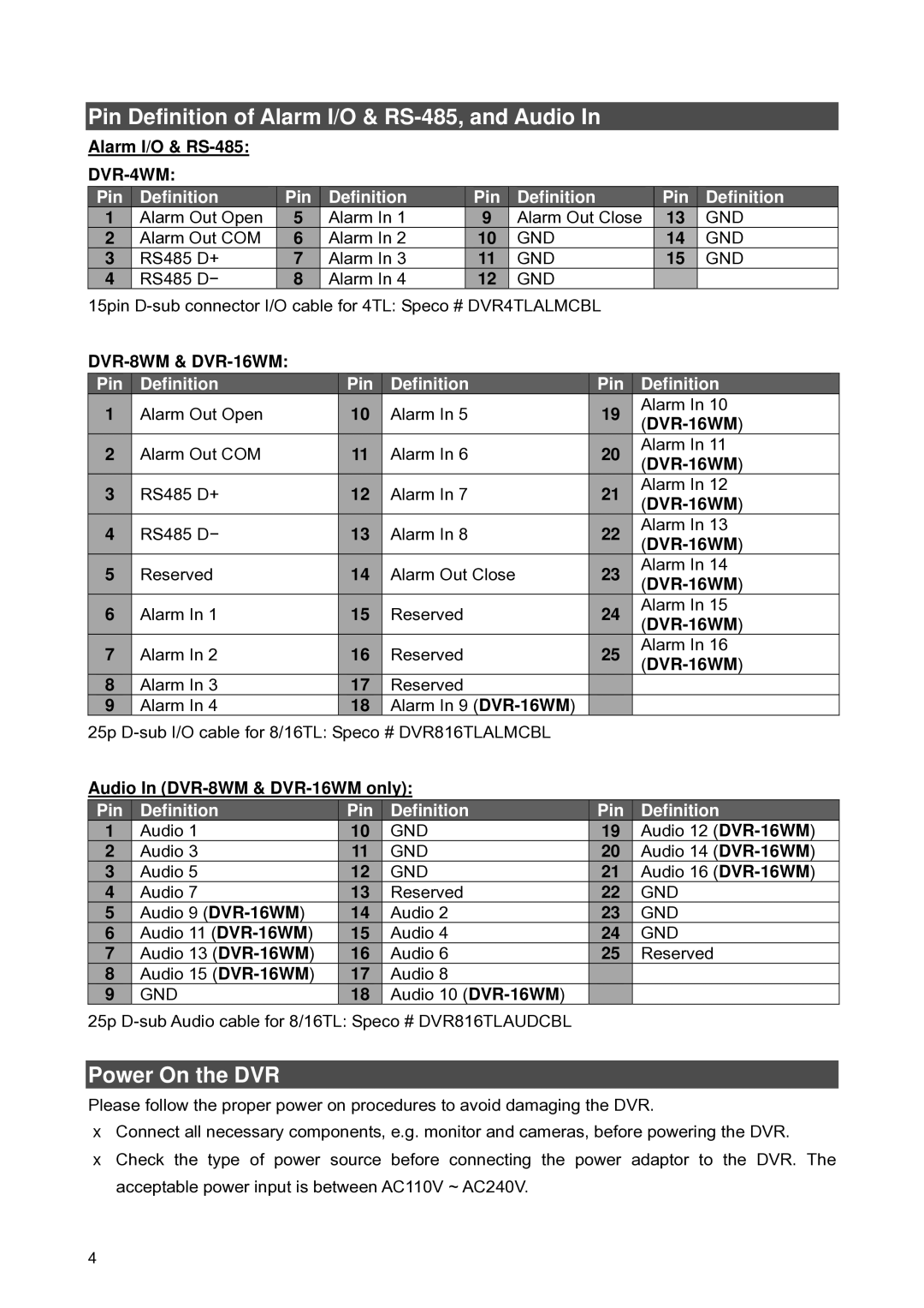 Speco Technologies 4WM, 16WM, 8WM setup guide Pin Definition of Alarm I/O & RS-485, and Audio, Power On the DVR 