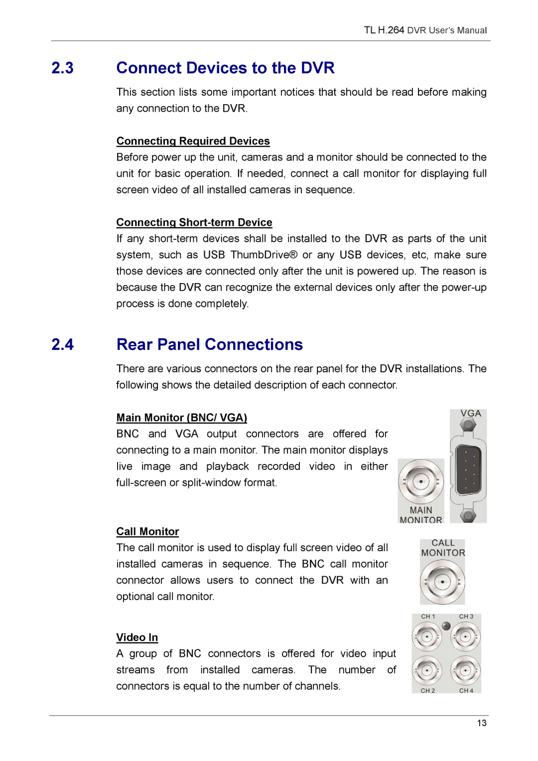 Speco Technologies 4TL specifications Connect Devices to the DVR, Rear Panel Connections 