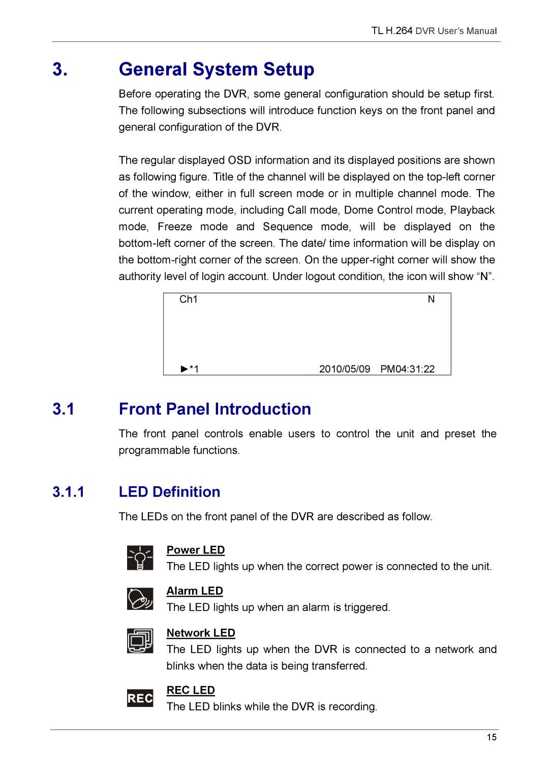 Speco Technologies 4TL specifications General System Setup, Front Panel Introduction, LED Definition 