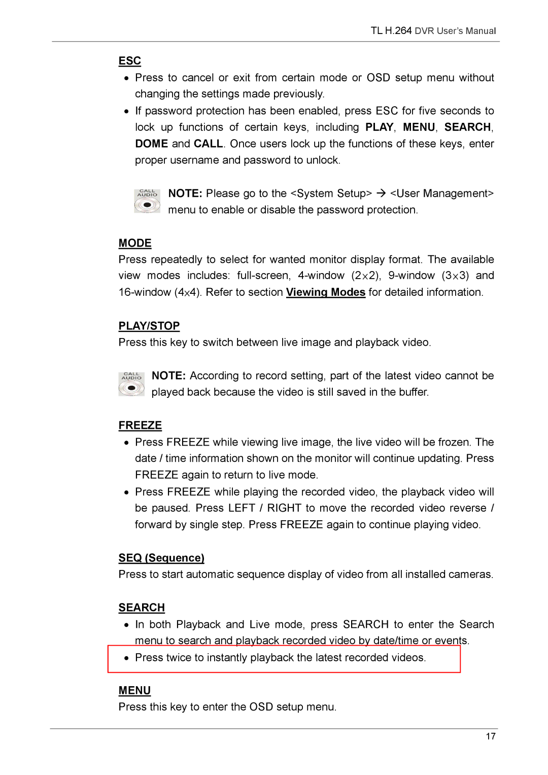 Speco Technologies 4TL specifications Esc, SEQ Sequence 