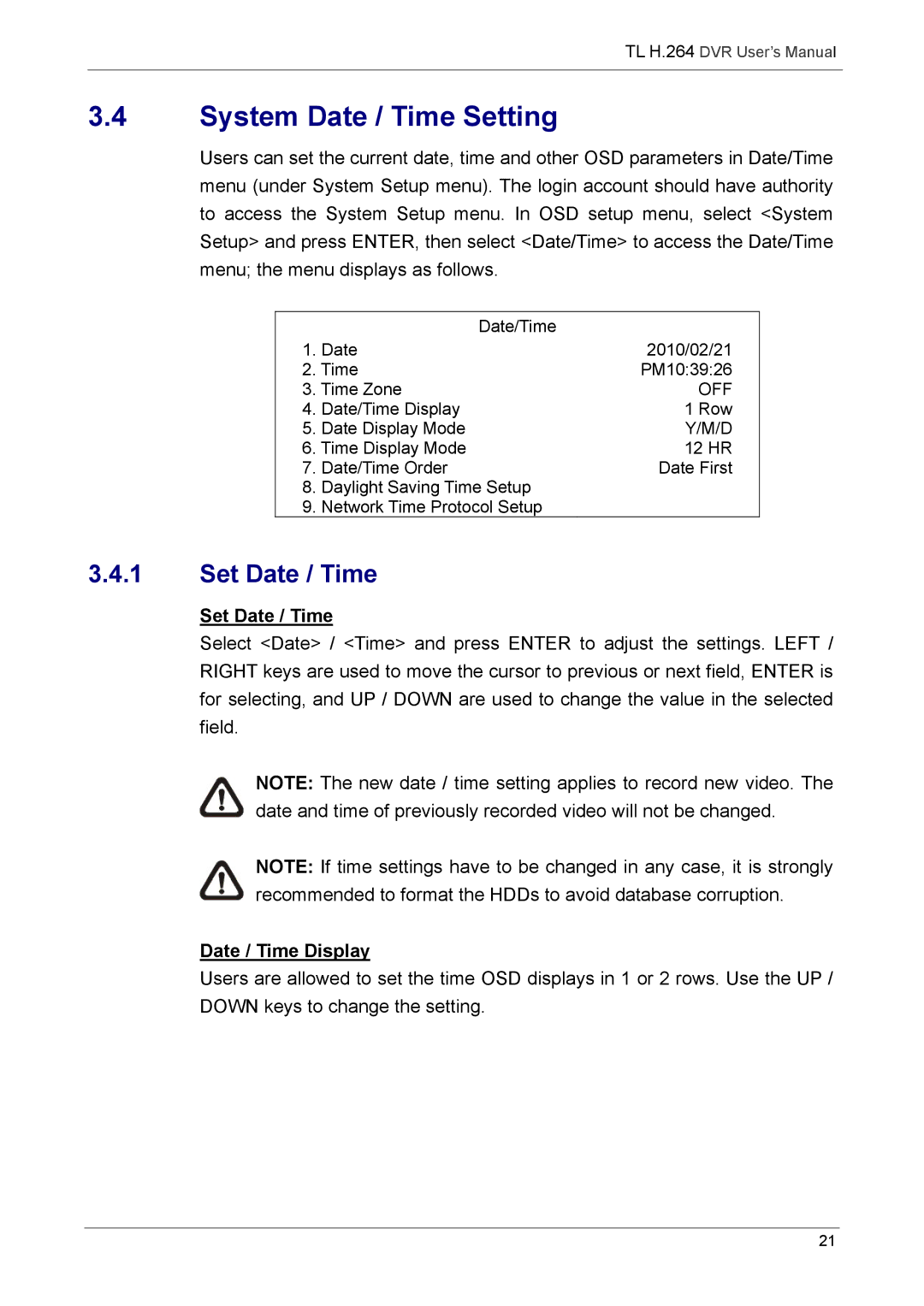 Speco Technologies 4TL specifications System Date / Time Setting, Set Date / Time, Date / Time Display 