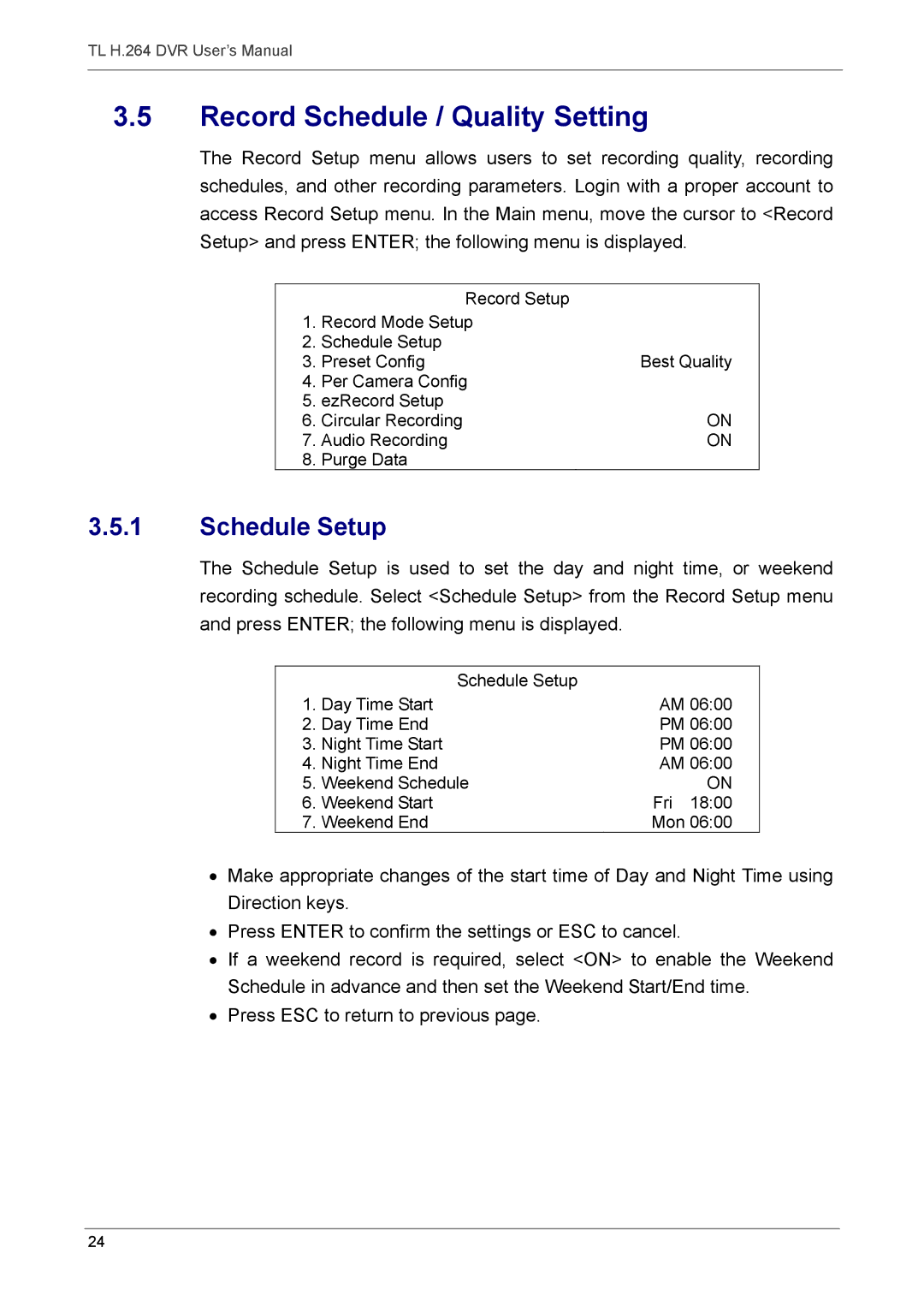 Speco Technologies 4TL specifications Record Schedule / Quality Setting, Schedule Setup 