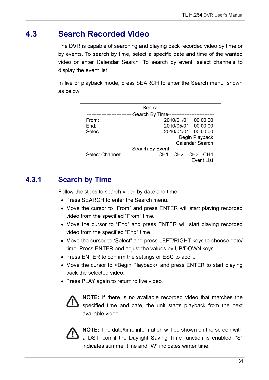 Speco Technologies 4TL specifications Search Recorded Video, Search by Time 