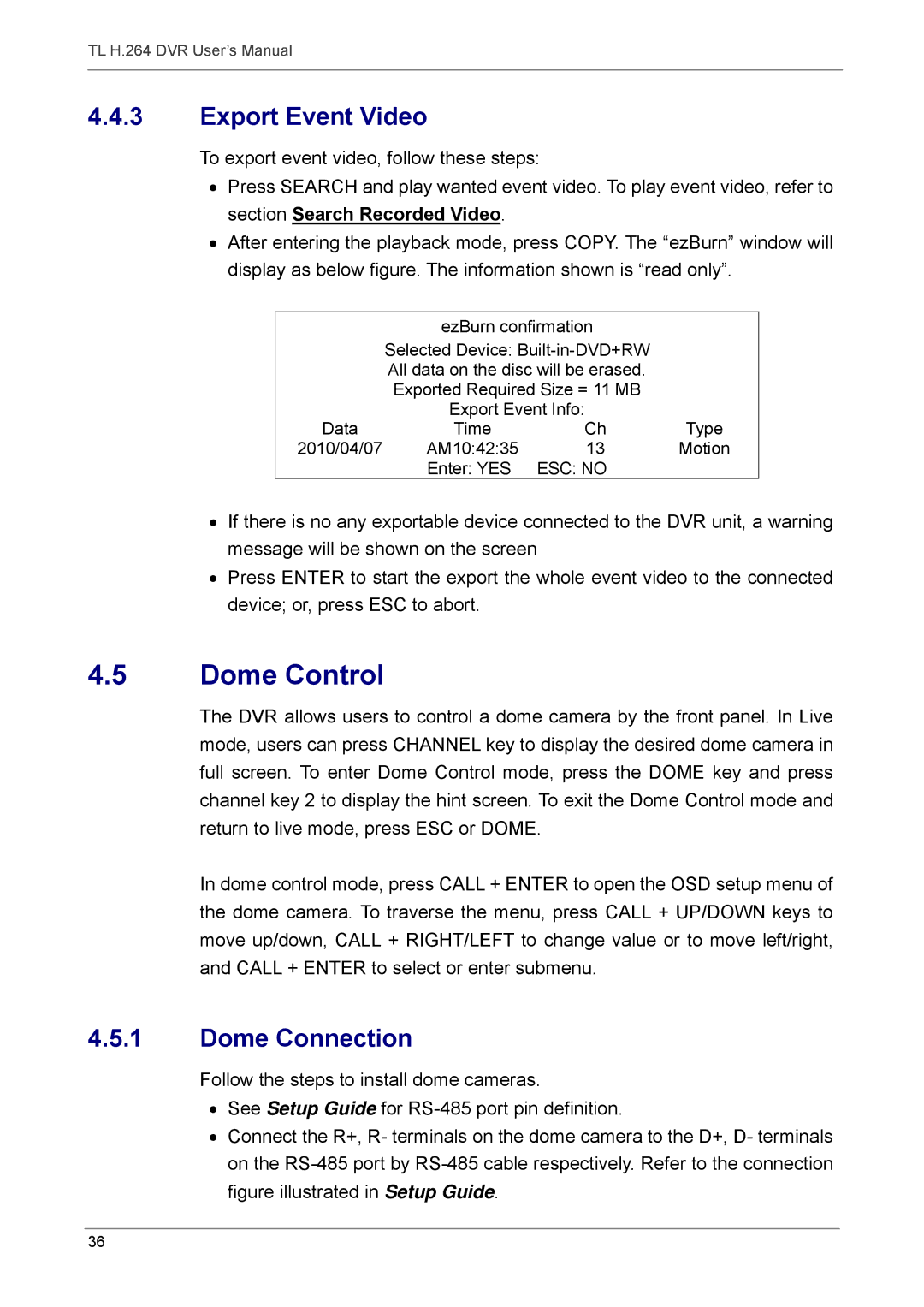 Speco Technologies 4TL specifications Dome Control, Export Event Video, Dome Connection 