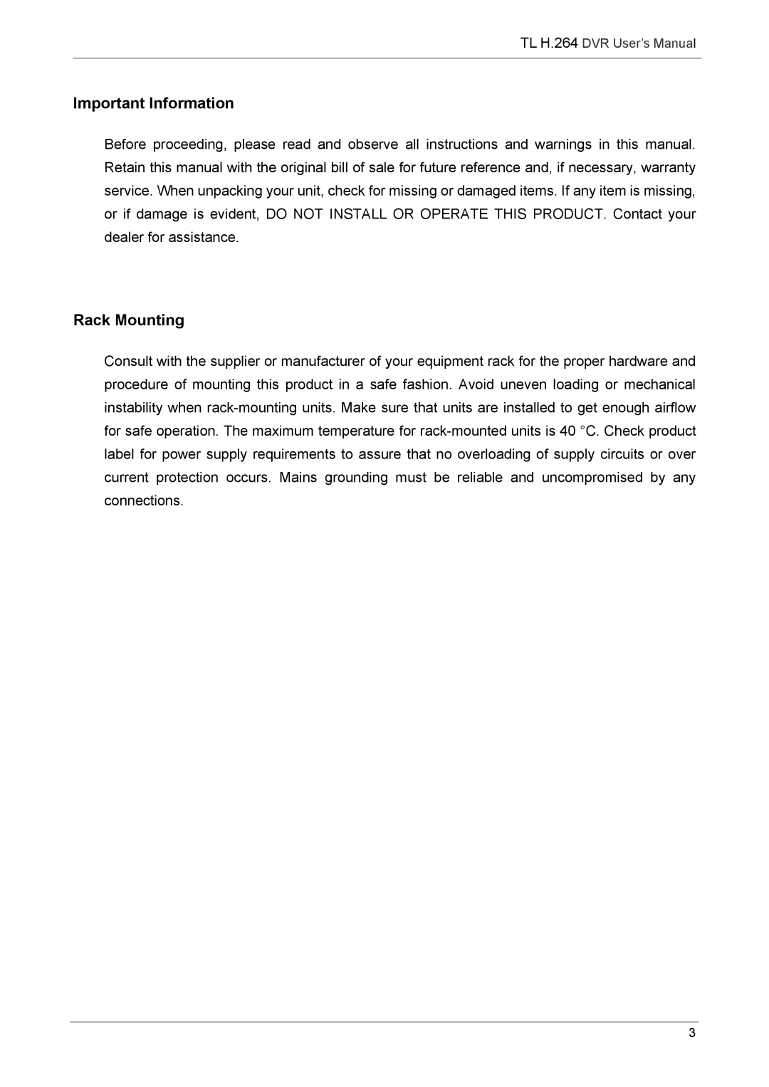 Speco Technologies 4TL specifications Important Information, Rack Mounting 