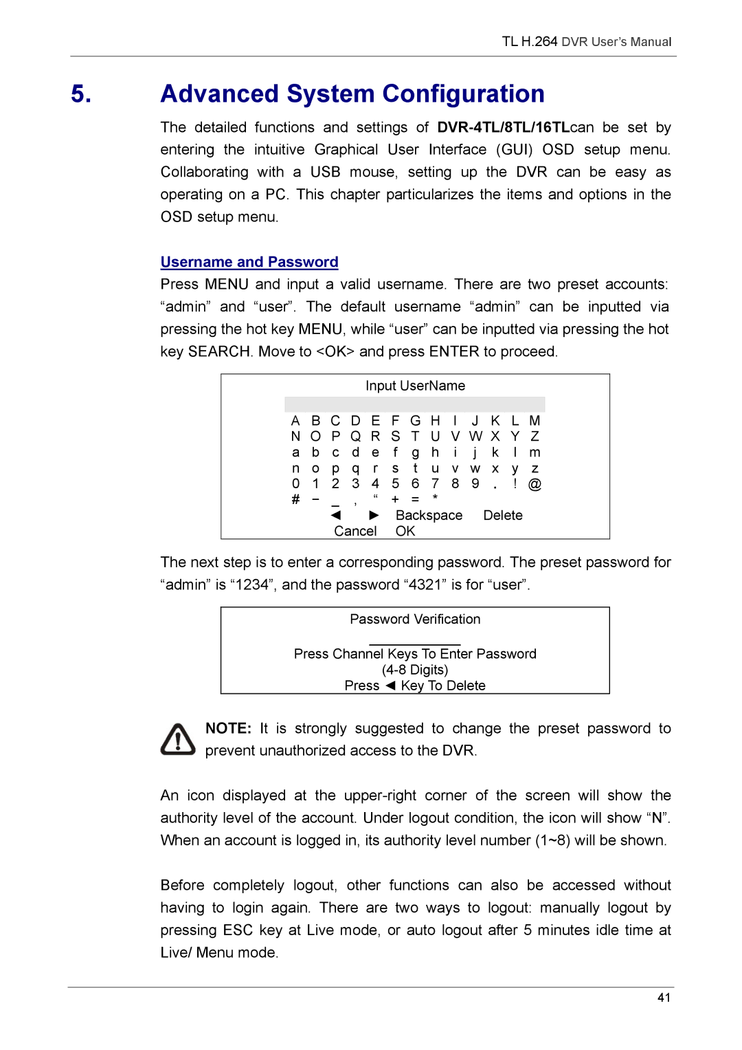 Speco Technologies 4TL specifications Advanced System Configuration, Username and Password 