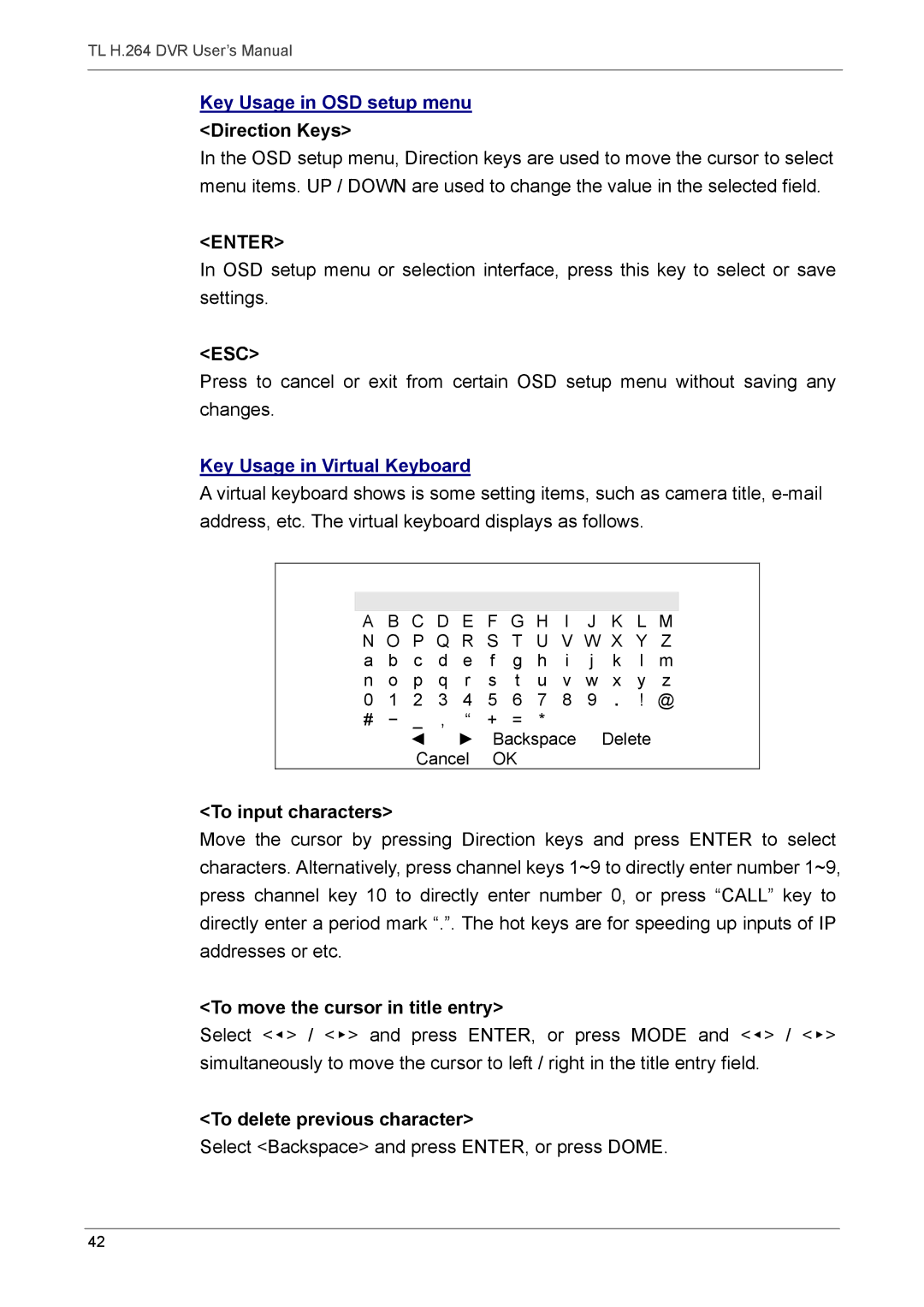 Speco Technologies 4TL specifications Key Usage in OSD setup menu, Key Usage in Virtual Keyboard, To input characters 