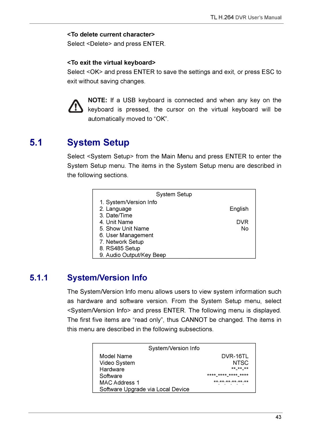 Speco Technologies 4TL System Setup, System/Version Info, To delete current character, To exit the virtual keyboard 