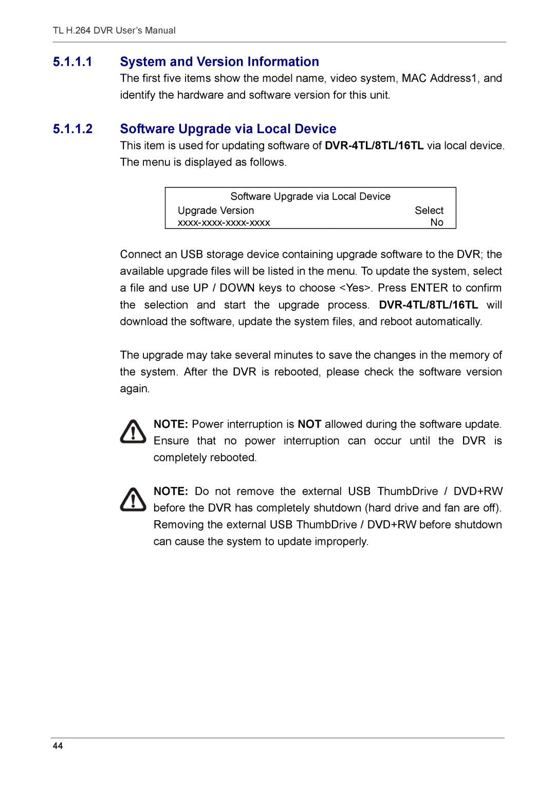 Speco Technologies 4TL specifications System and Version Information, Software Upgrade via Local Device 