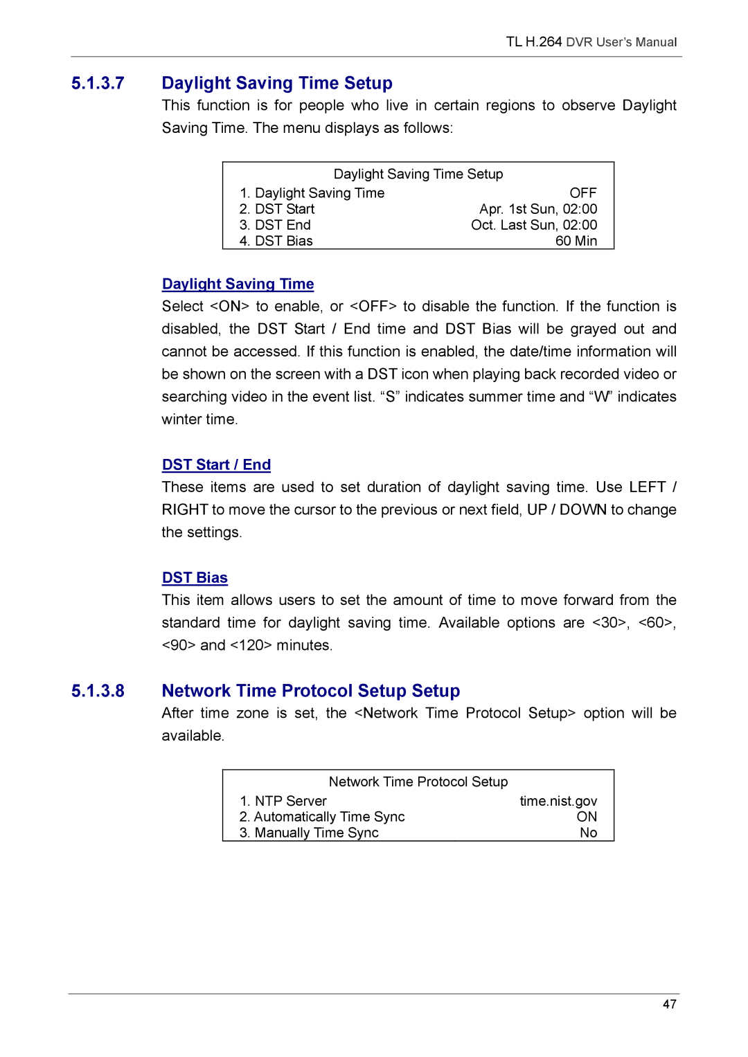 Speco Technologies 4TL Daylight Saving Time Setup, Network Time Protocol Setup Setup, DST Start / End, DST Bias 