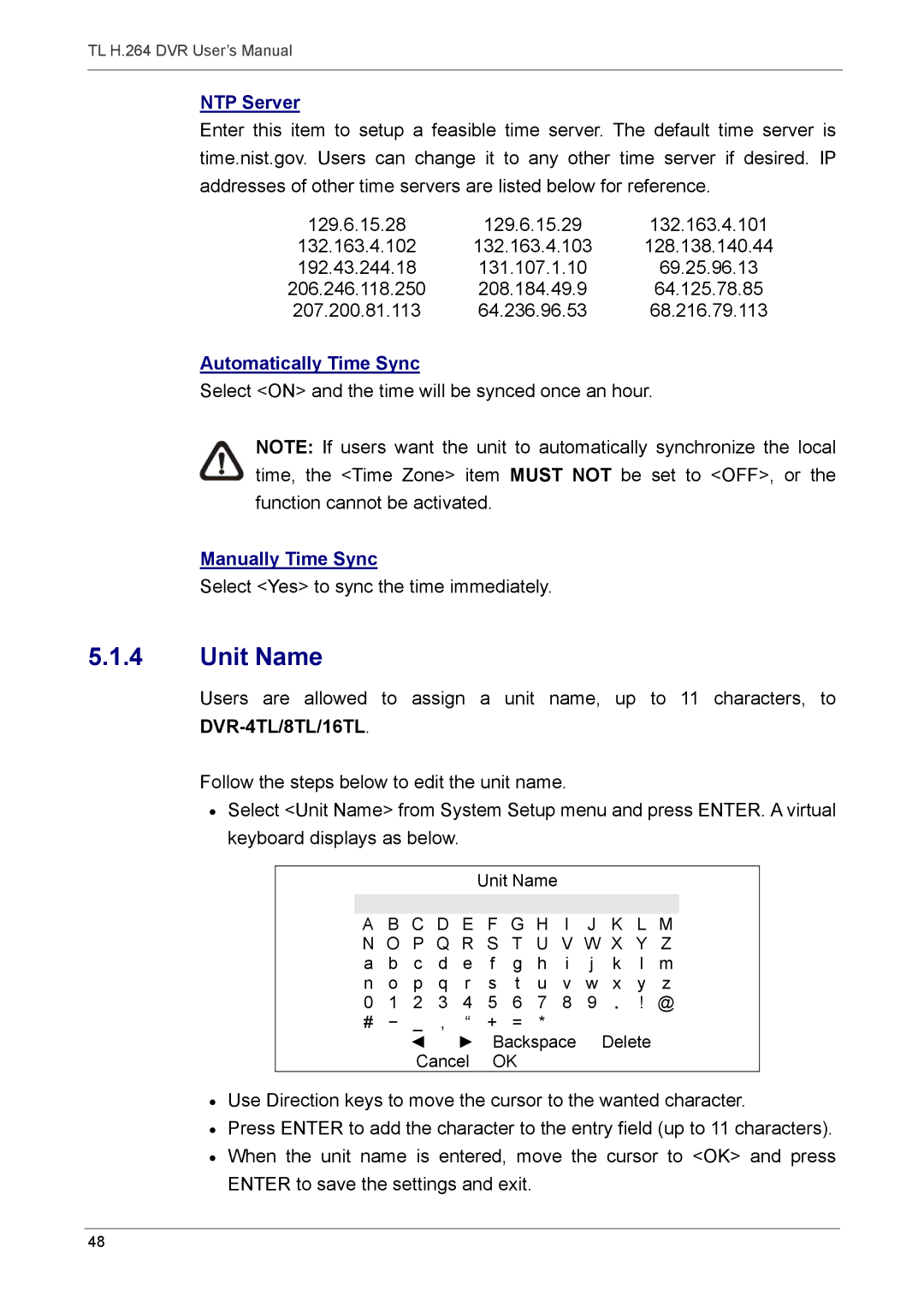 Speco Technologies 4TL specifications Unit Name, NTP Server, Automatically Time Sync, Manually Time Sync 