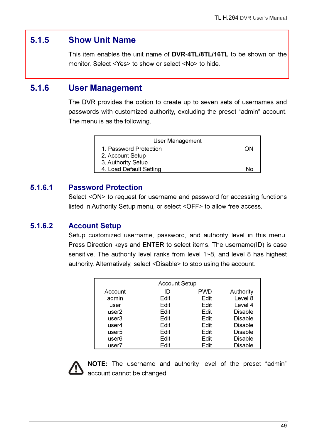 Speco Technologies 4TL specifications Show Unit Name, Password Protection, Account Setup 