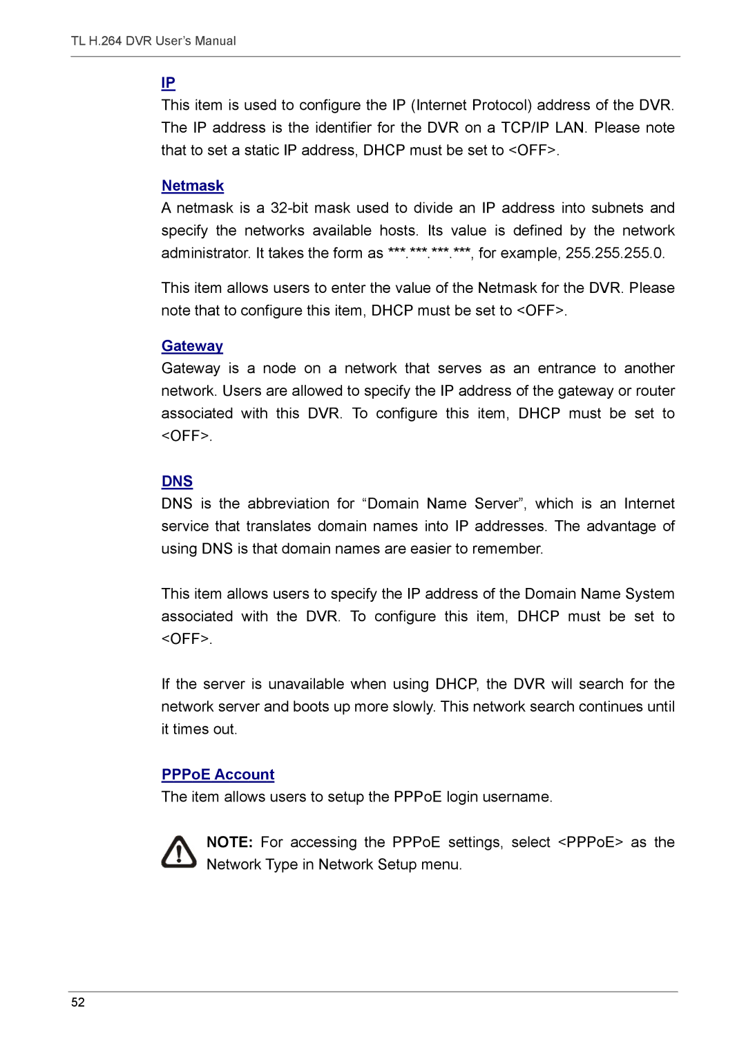 Speco Technologies 4TL specifications Netmask, Gateway, PPPoE Account 