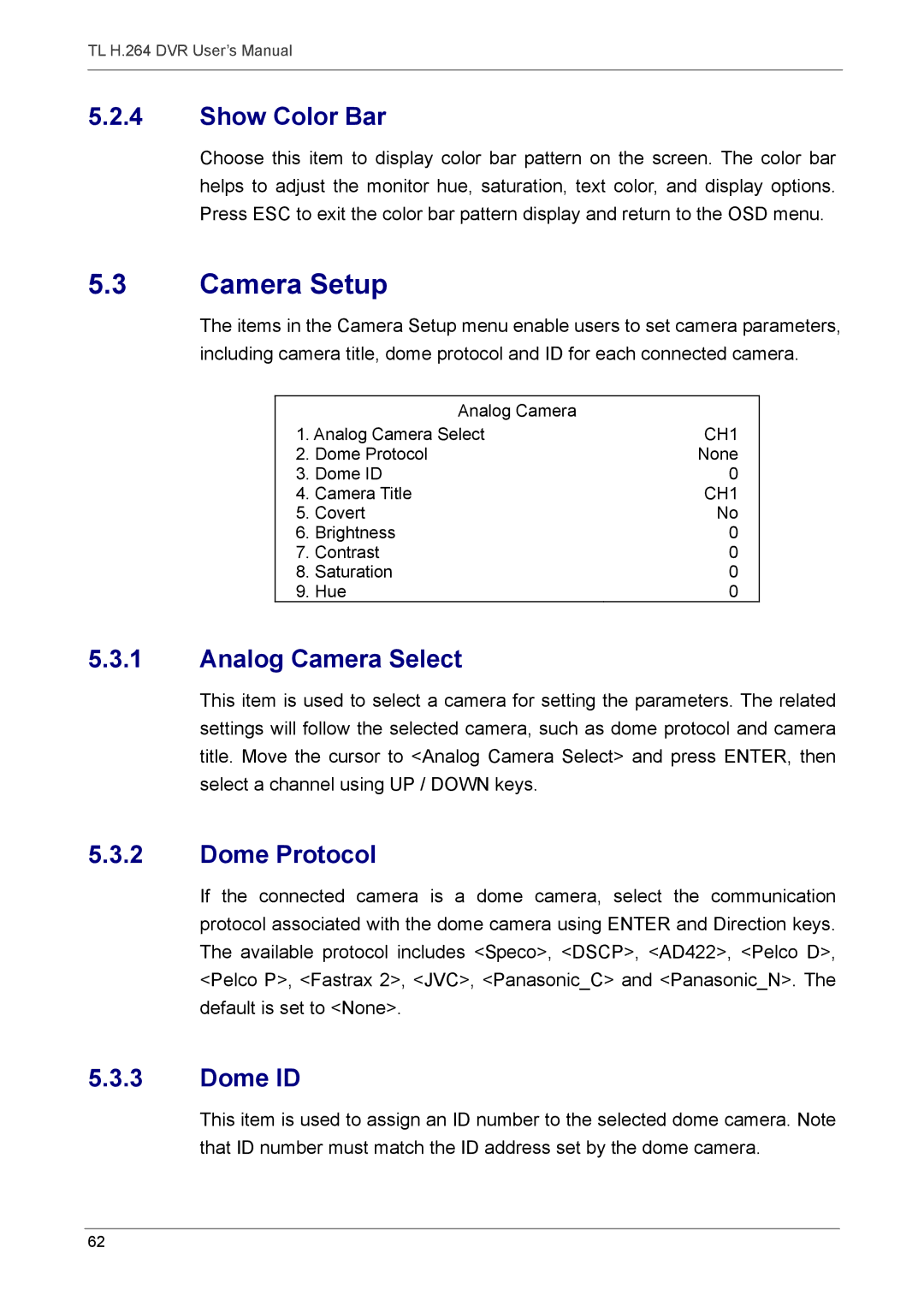 Speco Technologies 4TL specifications Camera Setup, Show Color Bar, Analog Camera Select, Dome Protocol, Dome ID 