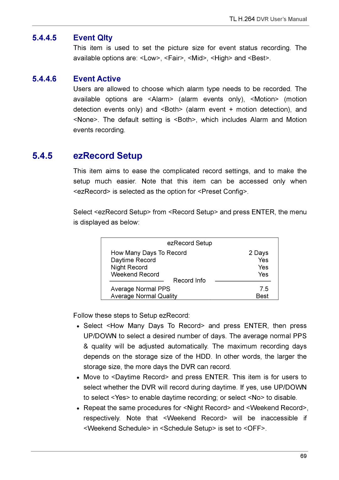 Speco Technologies 4TL specifications EzRecord Setup, Event Qlty, Event Active 