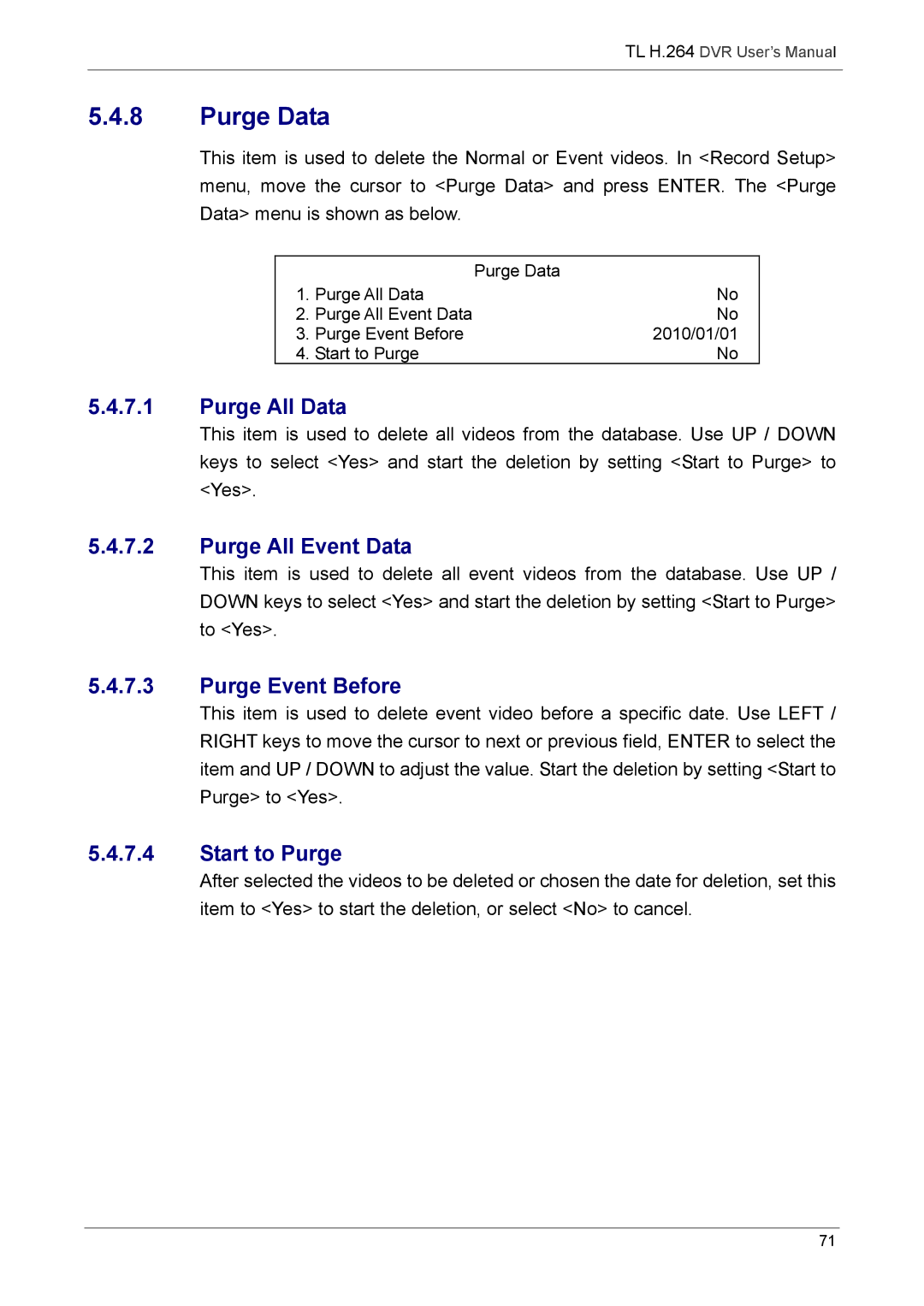 Speco Technologies 4TL specifications Purge Data, Purge All Data, Purge All Event Data, Purge Event Before, Start to Purge 