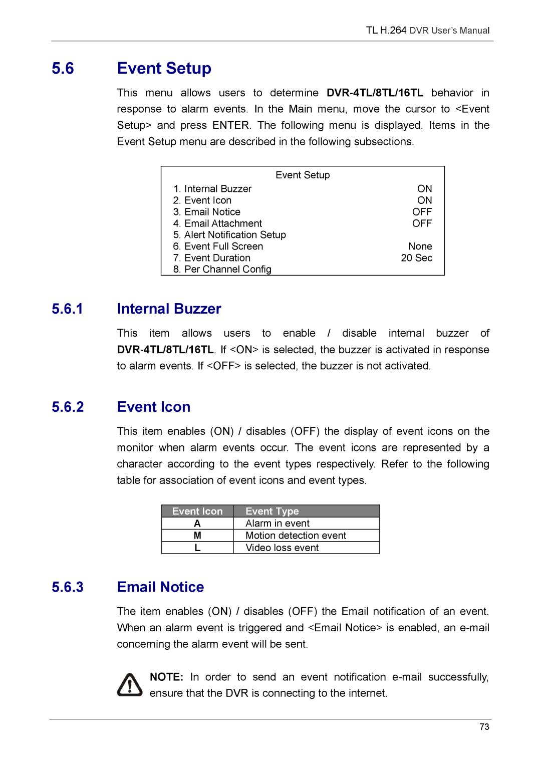 Speco Technologies 4TL specifications Event Setup, Internal Buzzer, Event Icon, Email Notice 