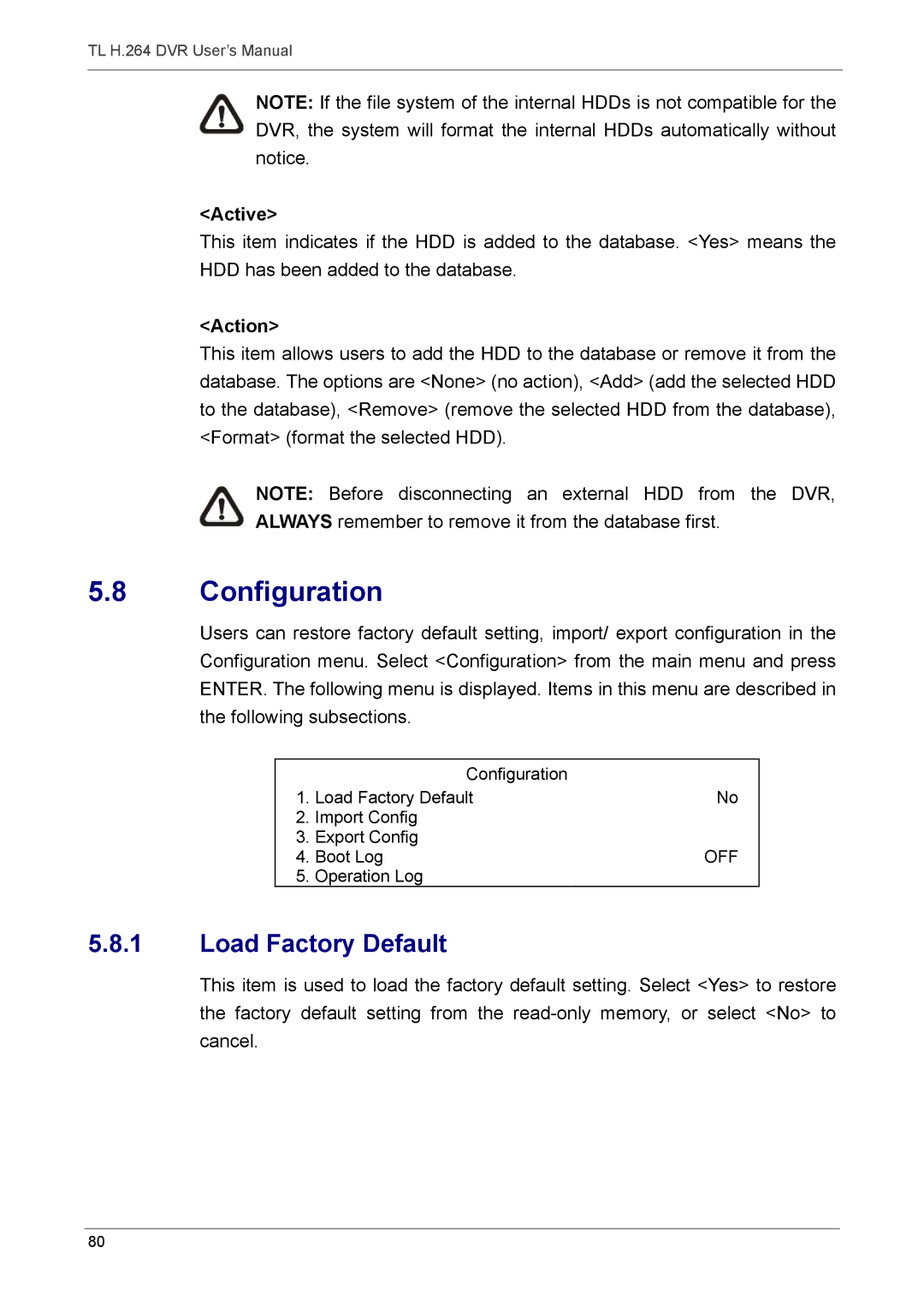 Speco Technologies 4TL specifications Configuration, Load Factory Default, Active, Action 